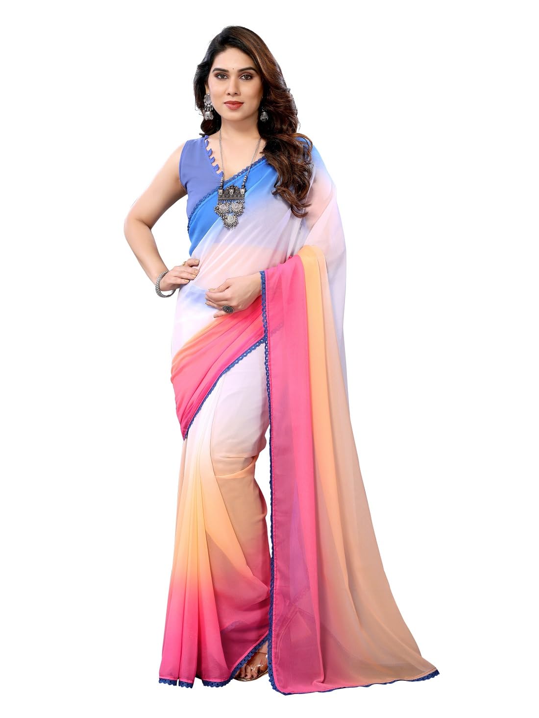 RAJESHWAR FASHION WITH RF Women's Georgette Farewell Sarees For Ladies & Girls With Lace Border & Blouse