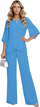 2 Pieces Mother of The Bride Pant Suits with Short Sleeve Chiffon Dressy Formal Grandmother Pantsuit for Wedding
