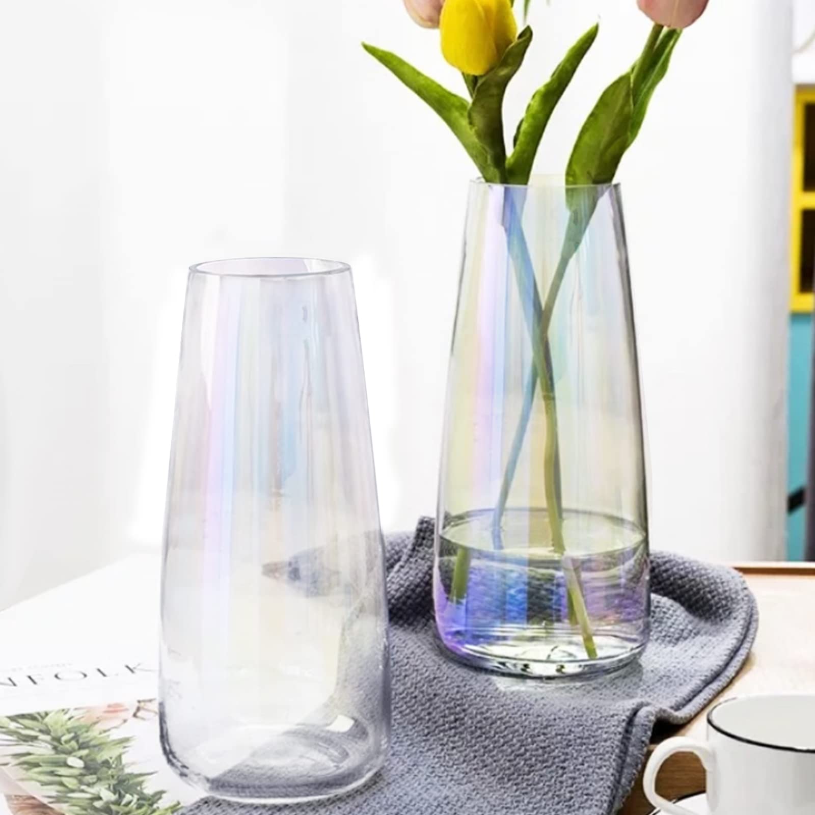 Photo 1 of 2 Pcs Modern Soda Lime Glass Vase,8.8Inch Irised Crystal Clear Glass Vase,Large Flower Vases for Home,Office,Decor,Wedding Centerpieces