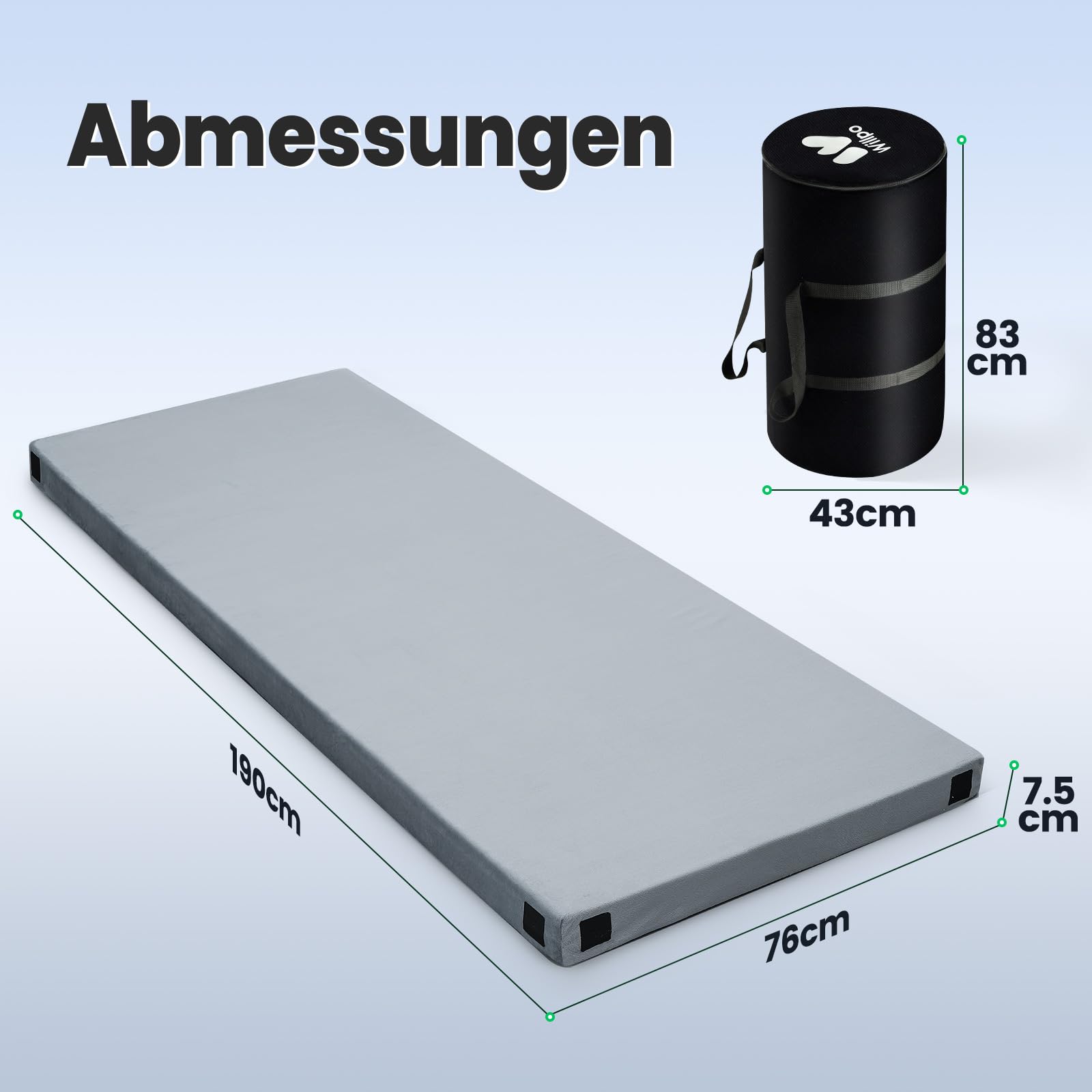Willpo Materasso in Memory Foam per Campeggio con Borsa da Viaggio, Materassino Portatile Leggero per Tende, Letti per Ospiti, Casa - Grigio, Singolo