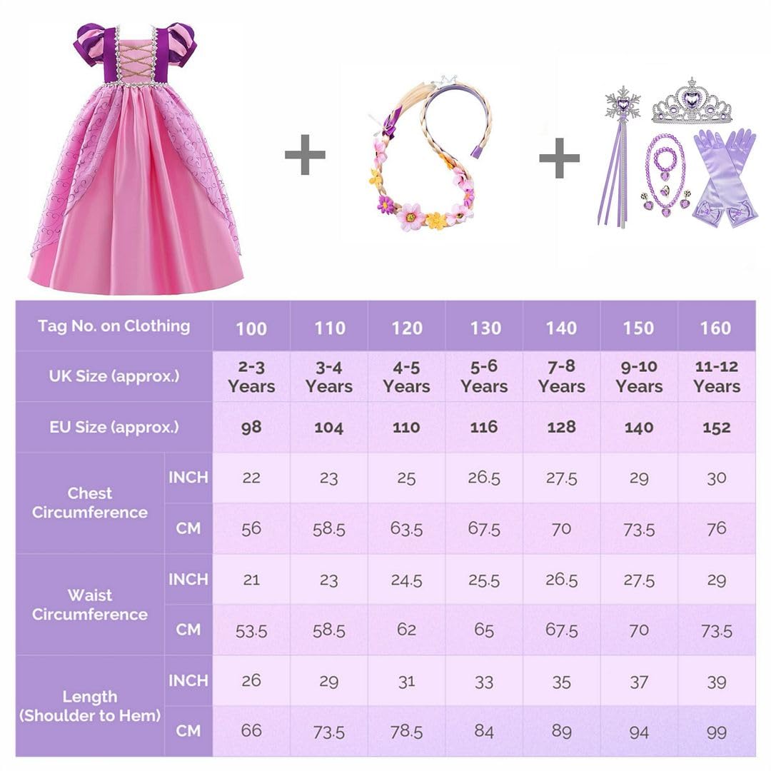 Costume da principessa per ragazze, con capelli lunghi e treccia di fiori, abito da festa in tulle con paillettes viola, per feste in maschera, per feste di compleanno e Halloween, età 3