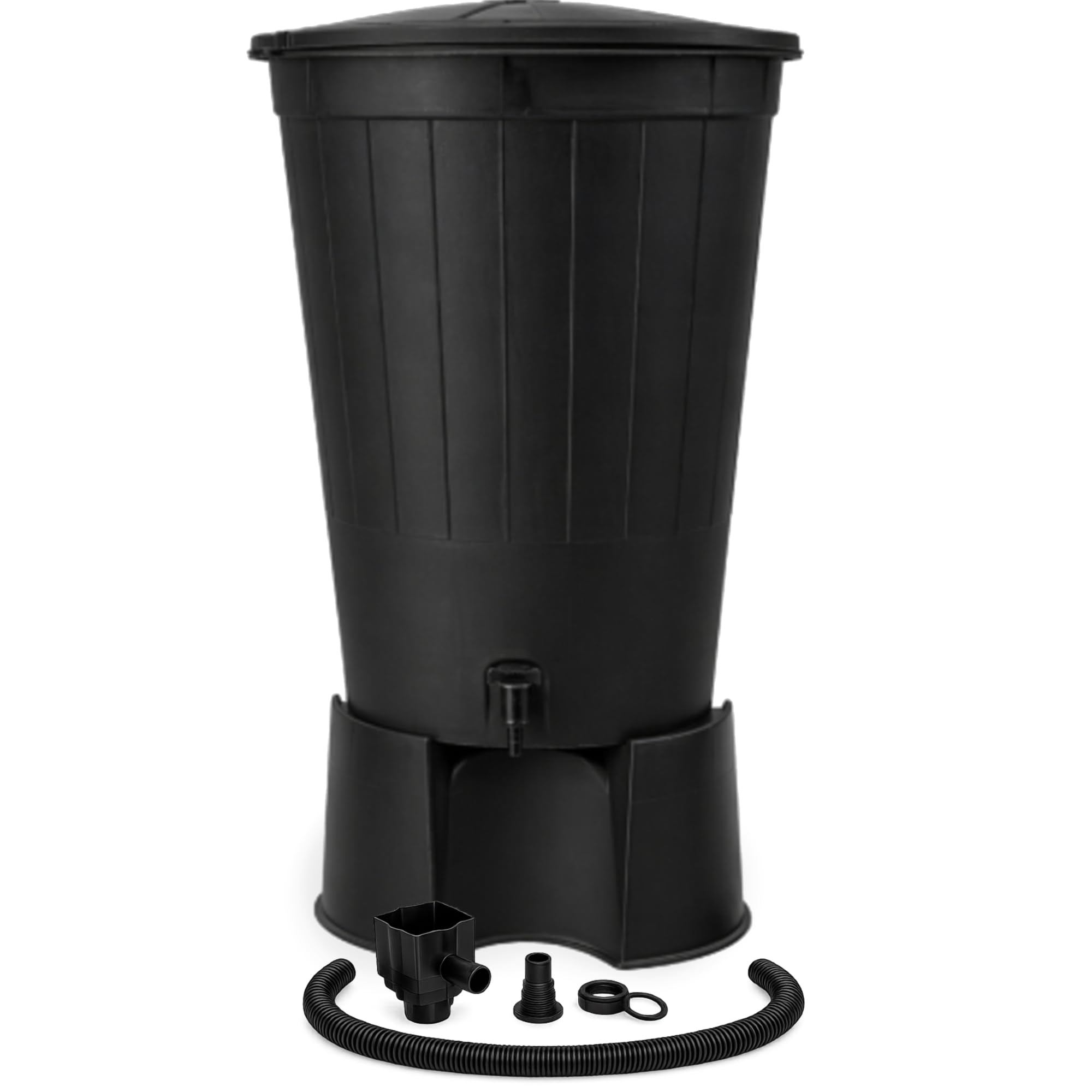 200L Water Butt Kit with Stand, Lid, Tap, Diverter Kit & 1m Hose – Large Rainwater Collection Tank for Garden Water Storage – UV Resistant Plastic – Black