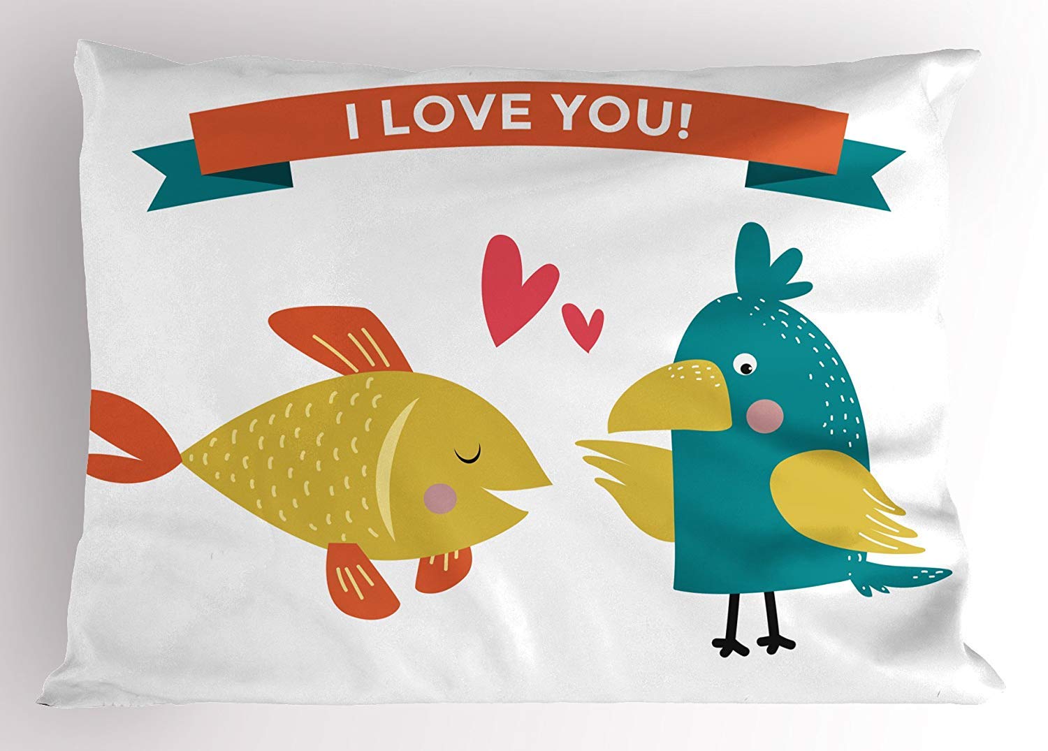 Ytavv Animals Pillow Sham, Fish Parrot Conflicting Feelings Animal Soulmates Caring Each Other, Decorative Standard Queen Size Printed Pillowcase, 30 X 20 inches, Teal Dark Orange Mustard