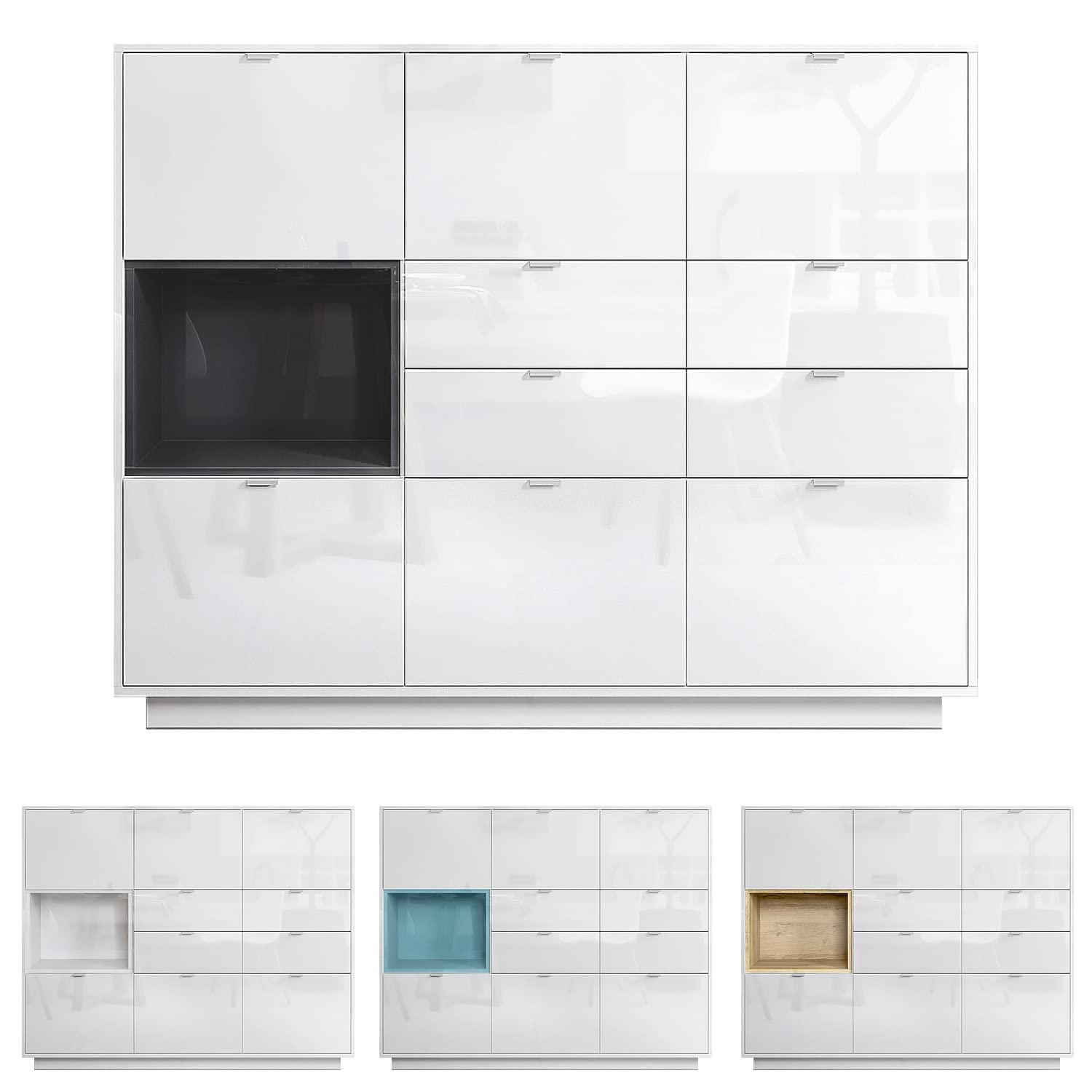 Vladon Buffet Haut Armoire Metro V2, Corps en Blanc Haute Brillance/Façades en Blanc Haute Brillance avec Une Insertion en Noir Haute Brillance