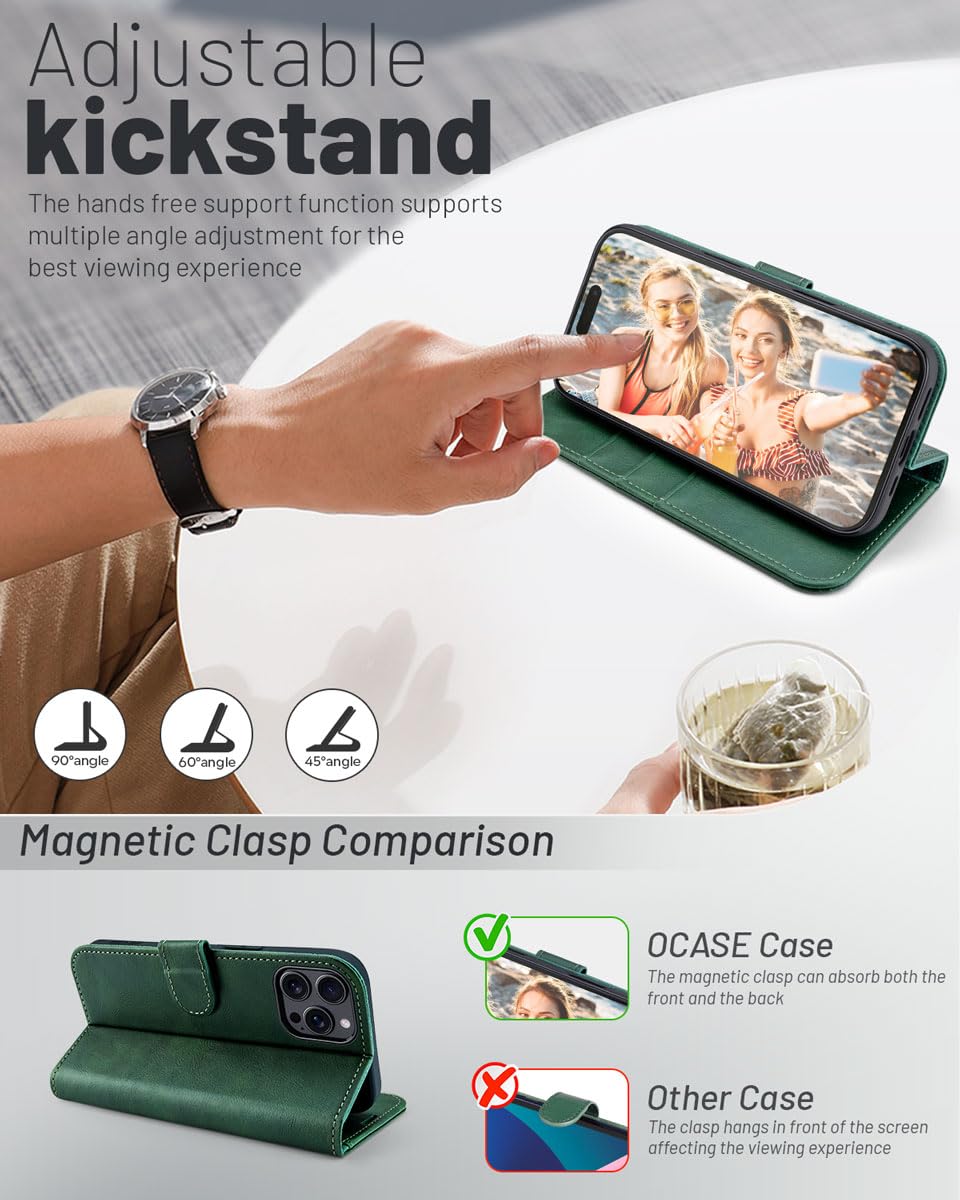 OCASE for iPhone 16 Pro Case, PU Leather Wallet, Magnetic Flip Folio Cover with RFID Blocking, Card Holders, Shockproof TPU - Image 4