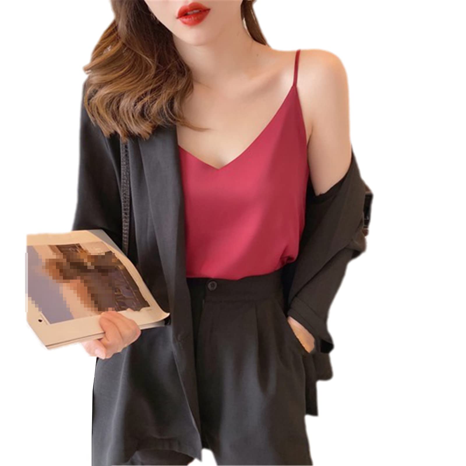 Las mujeres de seda coreana Tops Camis satén chaleco Top moda señora V-cuello Camis mujeres sin mangas blanco Tops Sexy Halter Top, granate, L