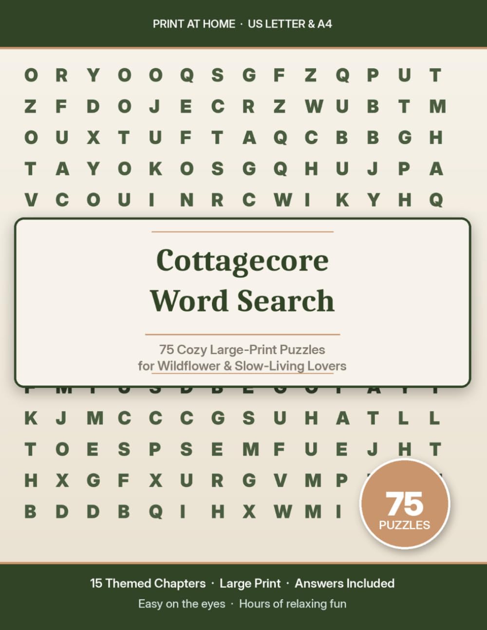 Cottagecore Word Search: 75 Cozy Large-Print Puzzles for Slow Living and Wildflower Lovers (15 Themed Chapters) (FiveNLess Large-Print Activity Books)