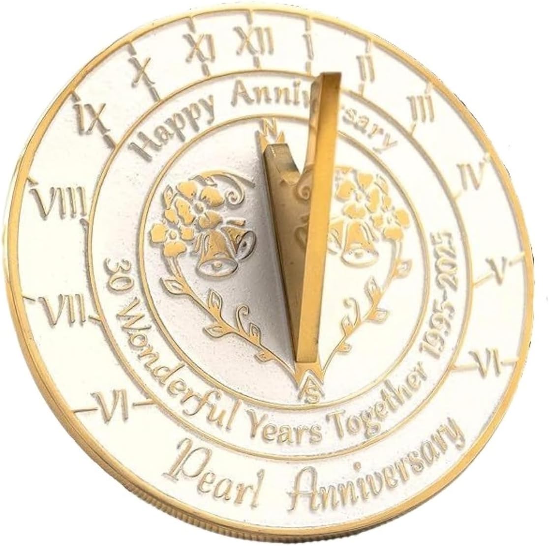 30th Pearl Wedding Anniversary in 1995-2025 Metal Home Decor Sundial with Pedestal Stand | Garden Present Idea for Couple Him Her Parents Handmade Anniversary 30 Year Celebration Sundial 6.4" White