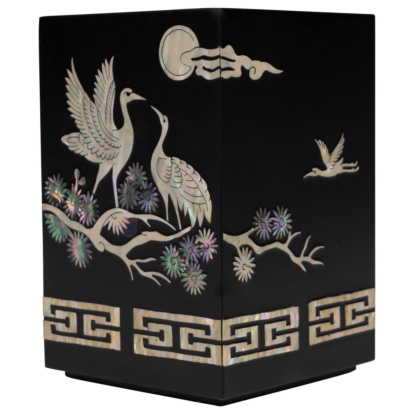 February Mountain Handcrafted Korean Mother-of-Pearl Pen Holder - Elegant Black Lacquered Desk Organizer (Crane)