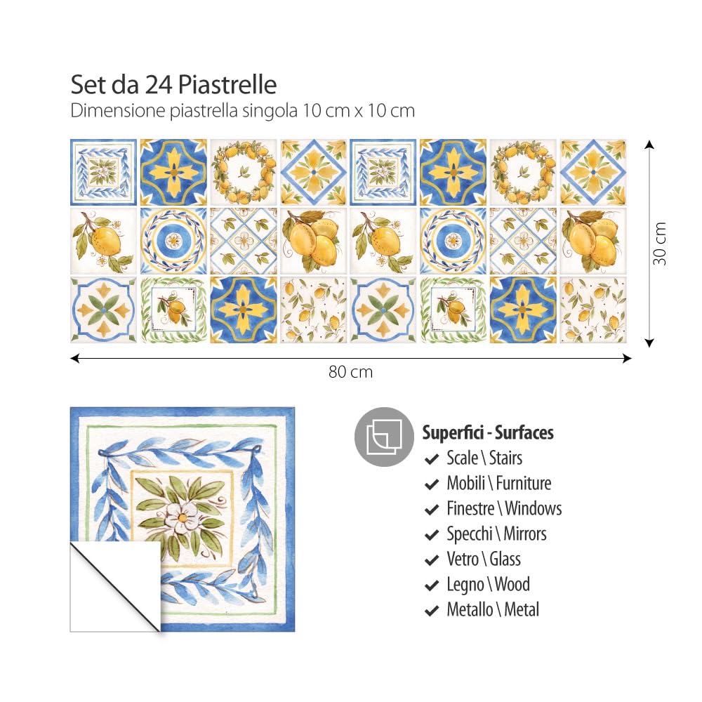 RE-COVERTILES - Adesivi per Piastrelle Bagno e Cucina 24 Pz 10x10 cm - PS00221 Decorazione murale in PVC impermeabile mattonelle mosaico stile cementine Azulejos