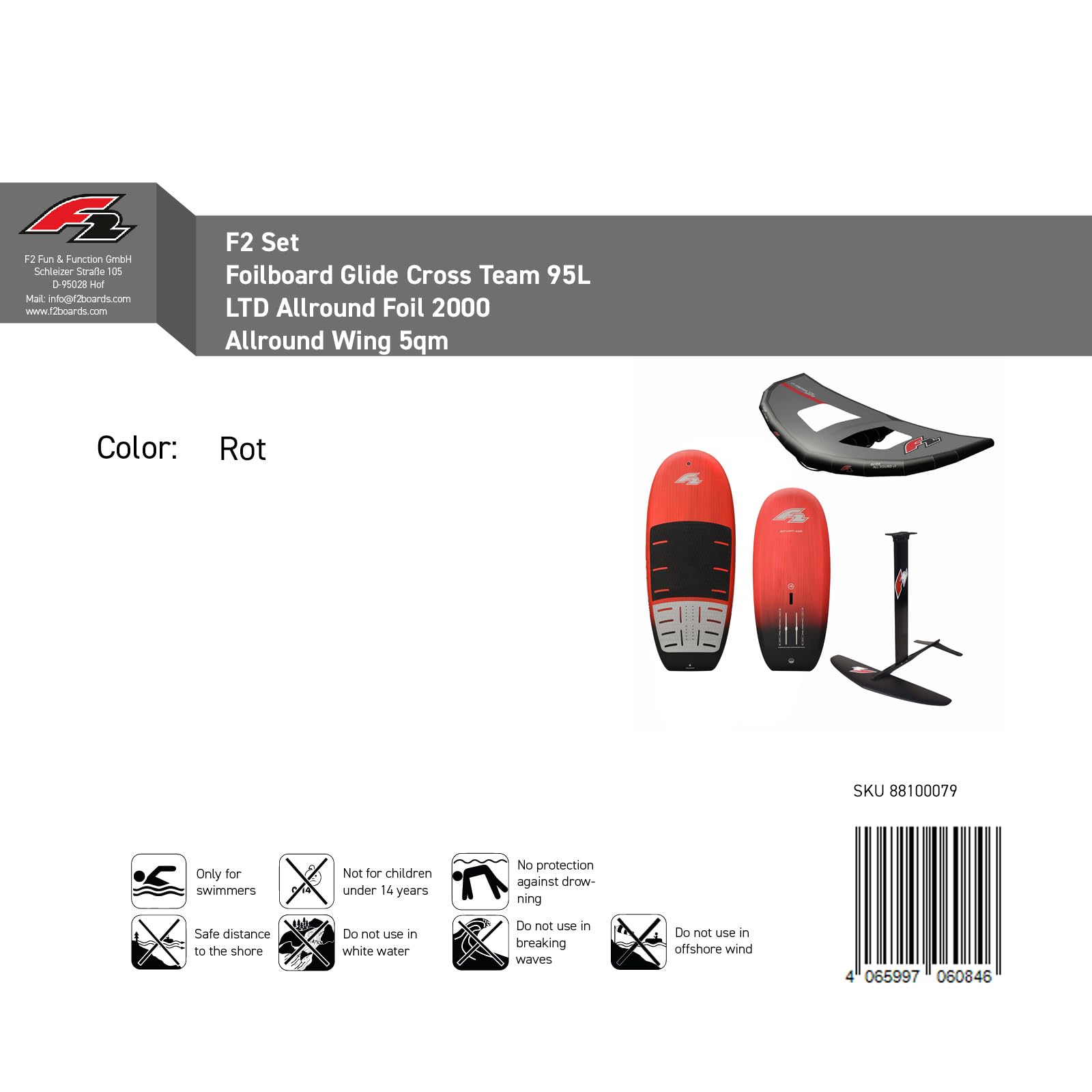 F2 Set Foilboard Glide Cross Team 95L+LTD Allround Foil 2000 +Allround Wing 5qm