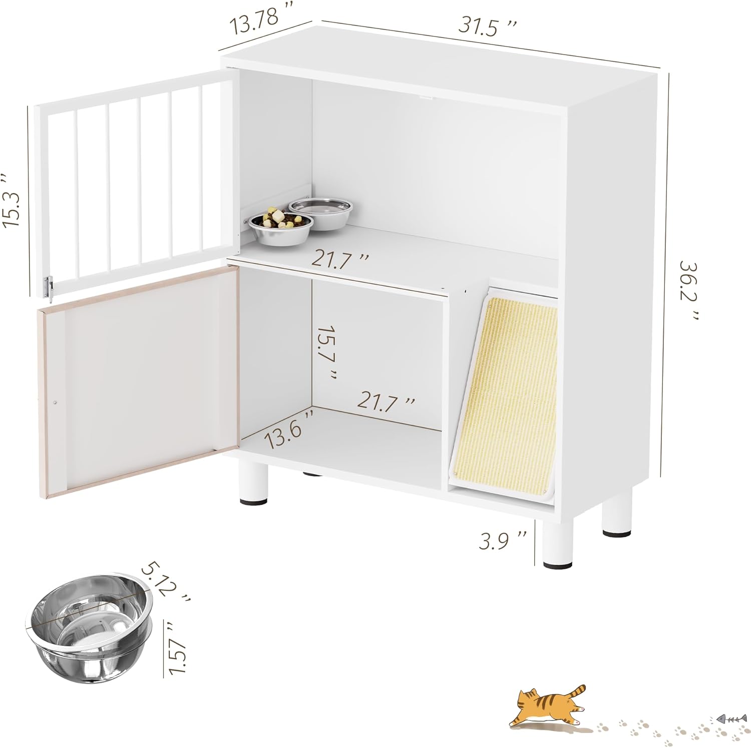 Dog Proof Cat Feeding Station, Metal Cat Feeding Station with Scratching Board, Raised Bowls for Indoor Cats, Elevated Food Bowls with Stand, Pet House Furniture (Metal White)