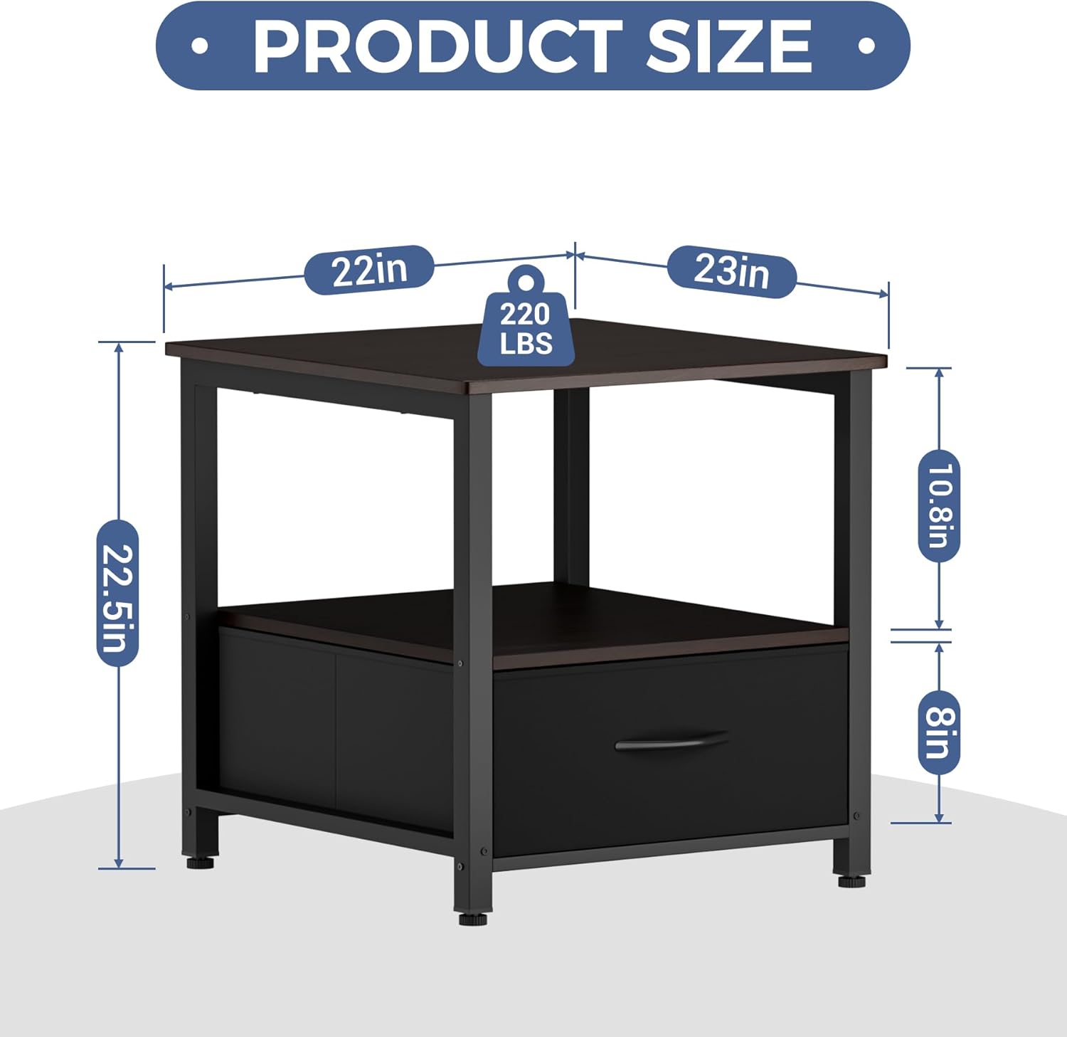 COOLBEBE Mini Fridge Stand with Fabric Drawer, Heavy Duty 220 lbs Load Capacity Beverage Refrigerator Cabinet, Wood Top Storage Table with Hidden Storage for Dorm, Office, Bedroom, Black Walnut