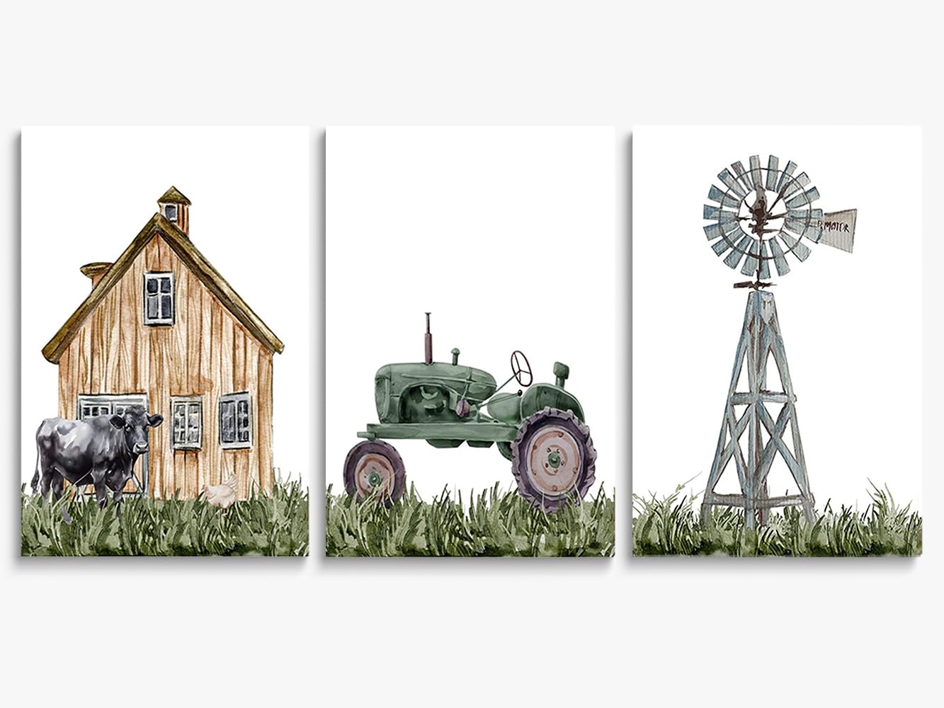 SKYSUKEY Barnyard Rustic Farm Nursery Decor Set of 3 Farmhouse Prints Watercolor Barn Green Tractor Windmill Farmhouse Nursery Room Wall Decor for