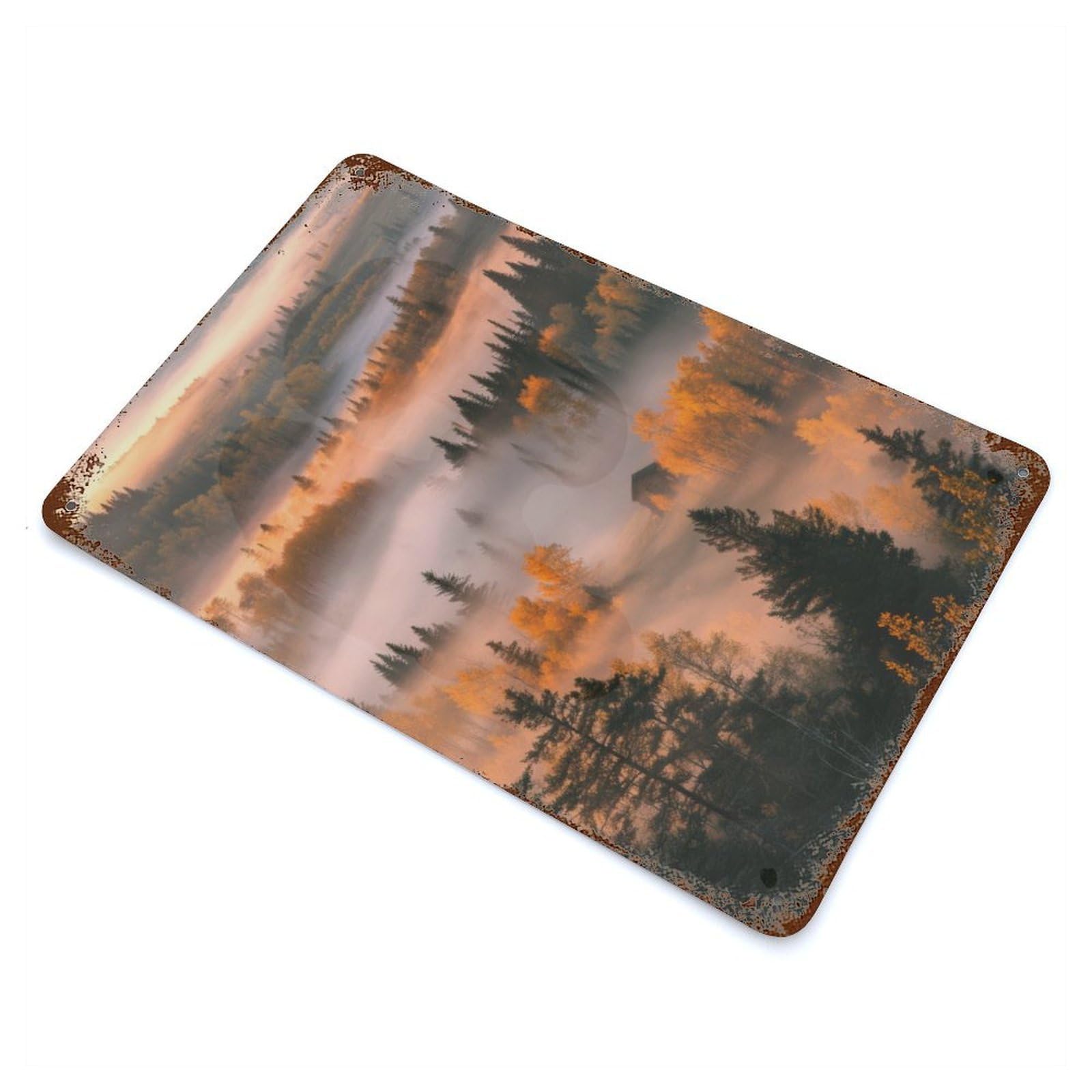 Vintage Rust Metal Sign with Misty Forest Sunrise Design 11.8"x7.9", for Shed, Workshop And Garage Wall Decor, Classic Wall Plaque