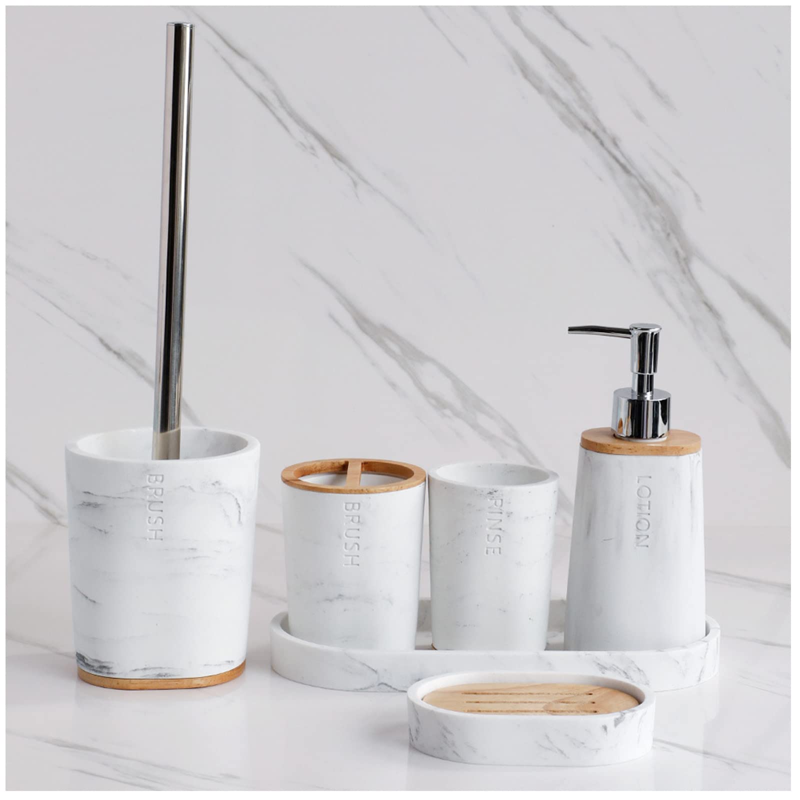 Juegos de Accesorios de baño, Simple Madera Acesorios Cuartos de Baño 5 Piezas con Escobillas de Baño Dispensador Jabon Baño Jabonera Baño Porta Cepillo de Dientes Blanco