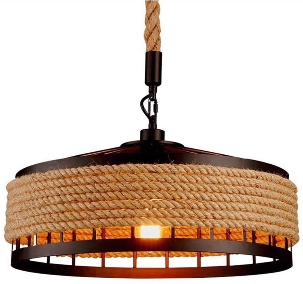 BLOOHK Rustic Hemp Rope Orb Pendant Light, Industrial Wrought Iron Round Chandelier, Vintage Farmhouse Hanging Lamp for Kitchen Island, Dining Room, Loft Decor