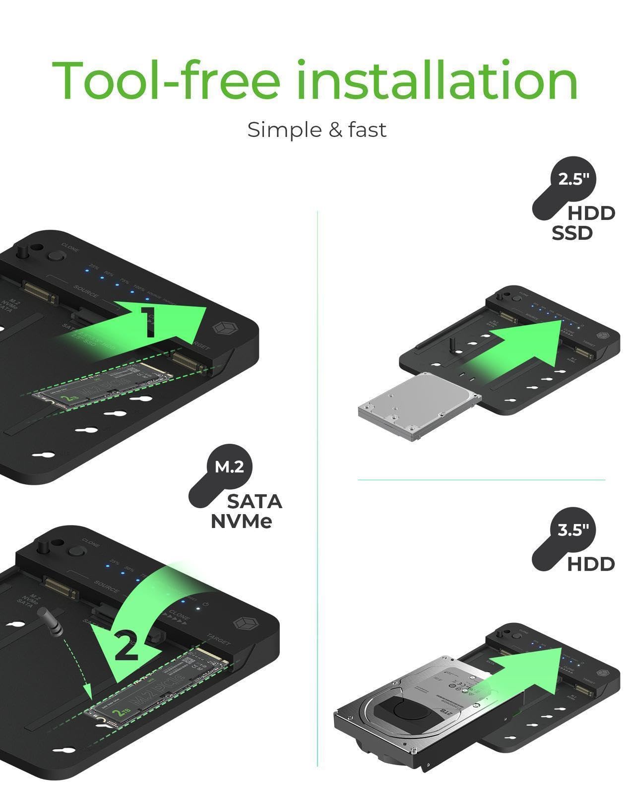 ICY BOX HDD/M.2 NVMe SSD Docking Station USB 3.2 Gen 2 (10 Gbit/s), Festplatten Klonstation & Lesegerät (SATA 2,5/3,5 Zoll & M.2 NVMe), Extern, Adapter, USB-C & USB-A, IB-2913MCL-C31