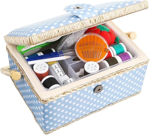 OFERTA BLACK FRIDAY Gran organizador de cesta de costura con Kit completo de costura y accesorios incluidos Cesta de costura de madera con bandeja