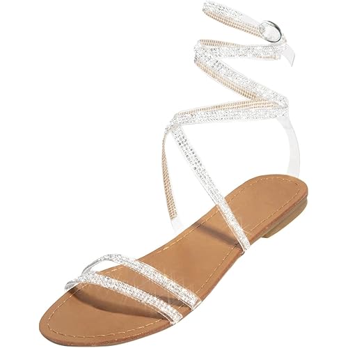 Flat Sandals for Women, Sparkly Silver Sandals Woman Dressy Summer, Rhinestone Sandals Flower Beach Flip Flops Elegant Bridal Sandals Toe Ring Strappy Wedding Sandals for Bride (a-White, 9)