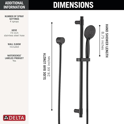 Miniatura 15 de Delta Grifo barra deslizante ducha de mano con manguera, cabezal de ducha de mano de níquel cepillado, ducha de mano con barra deslizante, ducha