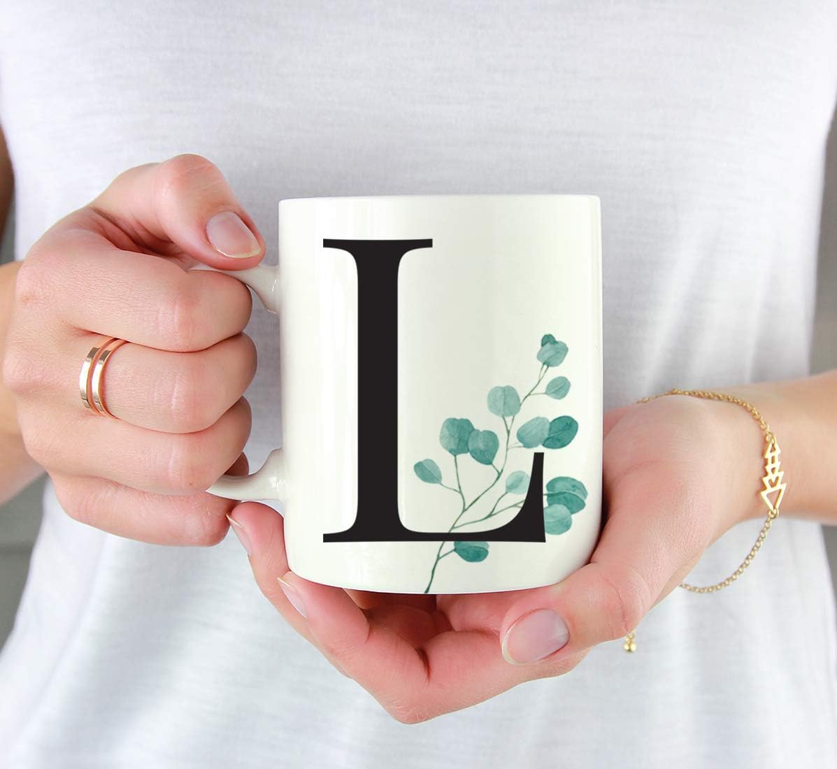 Andaz Press 11oz. Coffee Mug Gift, Eucalyptus Leaves Greenery, Initial Monogram Letter L, 1-Pack, Includes Gift Box, Christmas Birthday Mother's Day Graduation Coworker Present Ideas