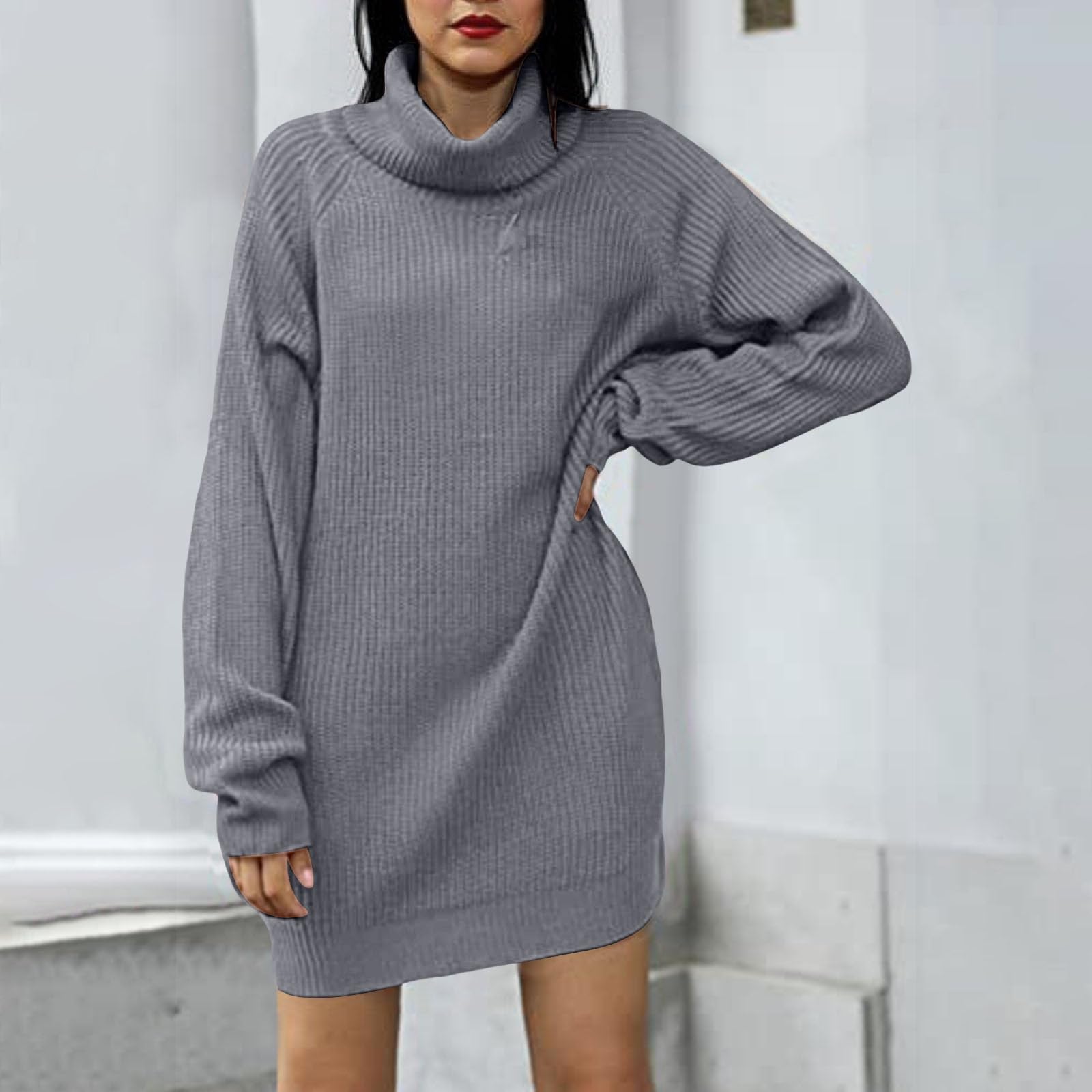 Damen Rollkragen Pulloverkleid Oversize Langarm Pullover Tops Strick Weich Casual Lose Lange Tunika Minikleider