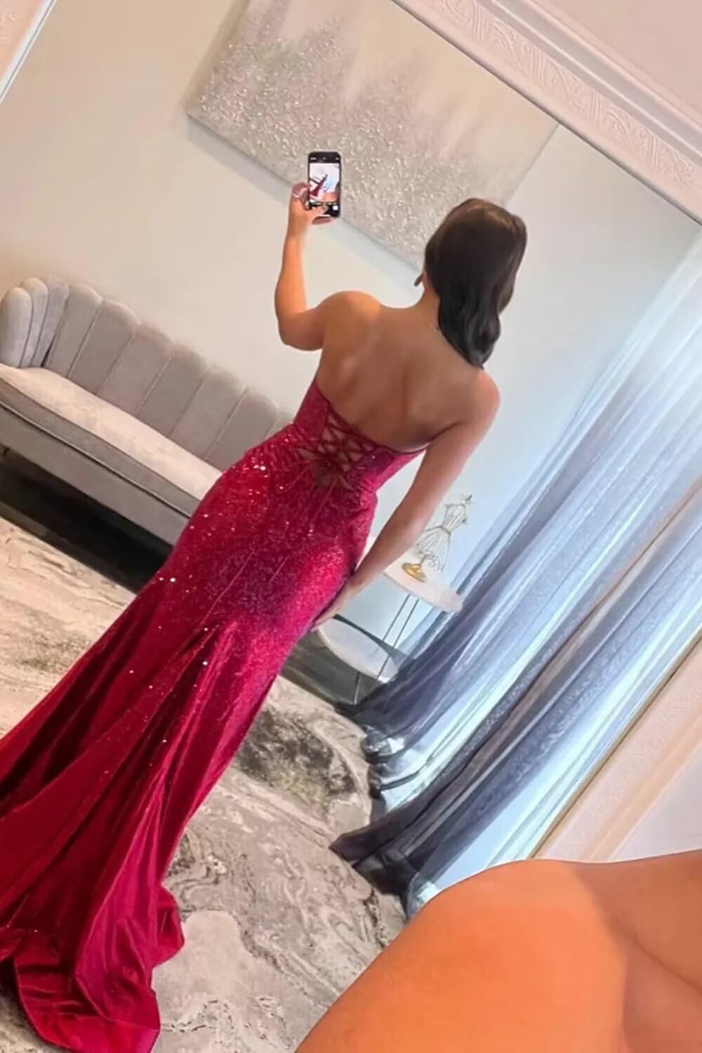 Sparkly Sequin Prom Dresses for Women Long Mermaid Strapless Bodycon Formal Evening Gowns with Slit