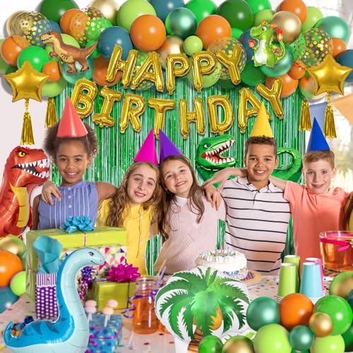 Image of Ouddy Life Dinosaur Balloons Birthday Party Decorations Fringe Curtain | 123Pcs Green Orange Blue Happy Birthday Dino Foil Balloons Garland Arch Kit for Boys Jungle Safari Baby Shower Party Supplies
