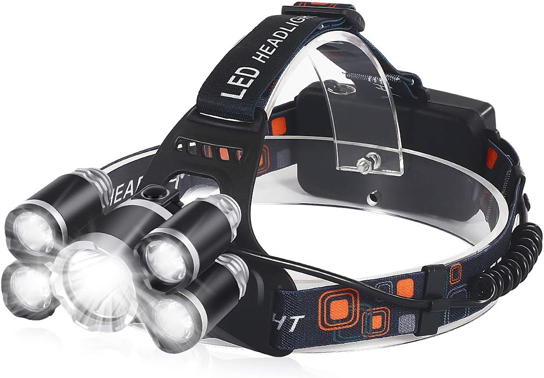 Headlamp, 12000 Lumens 5 LED Head Lamp USB Rechargeable Headlamp Flashlight 4 Modes IPX4 Waterproof Head Lamps，Best Head Lights Perfect for Running, Hiking, Camping,and Hunting Fishing