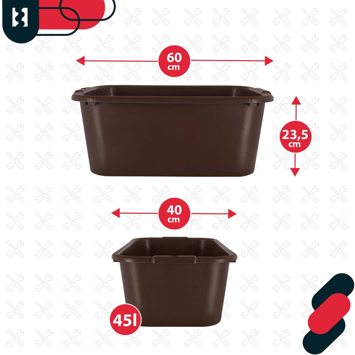 KOTARBAU® Bac à mortier carré 45 l en plastique marron Bac à mortier Bac à mortier Seau de construction Seau à mortier Bac à nourriture Cuve de maçon Bac à plantes