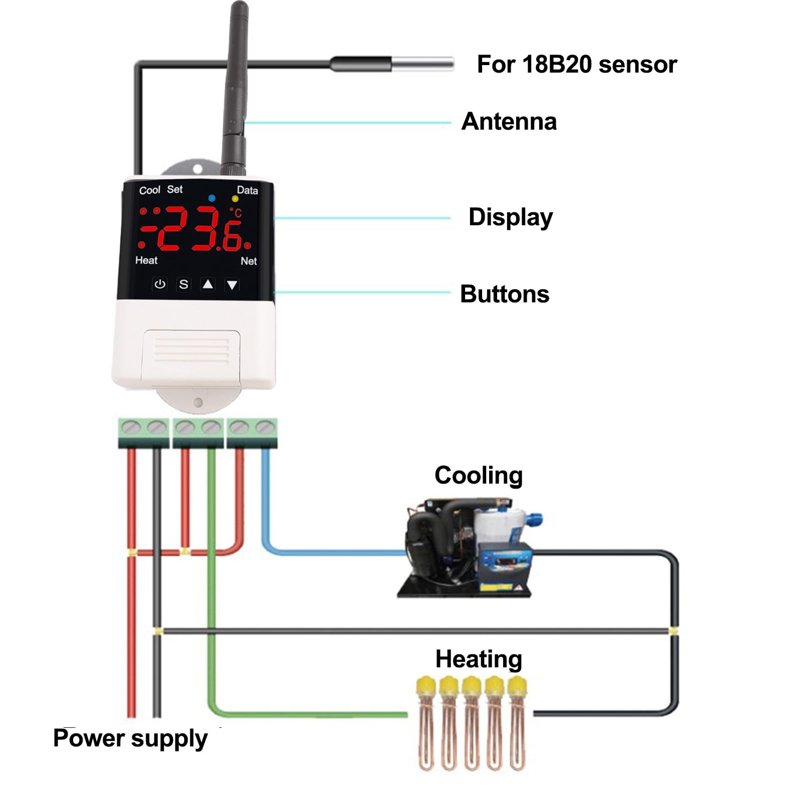 Whychstore Thermostat numérique pour aquarium et incubateur - 110 V-230 V AC 10 A - Chauffage et refroidissement - Télécommande par smartphone
