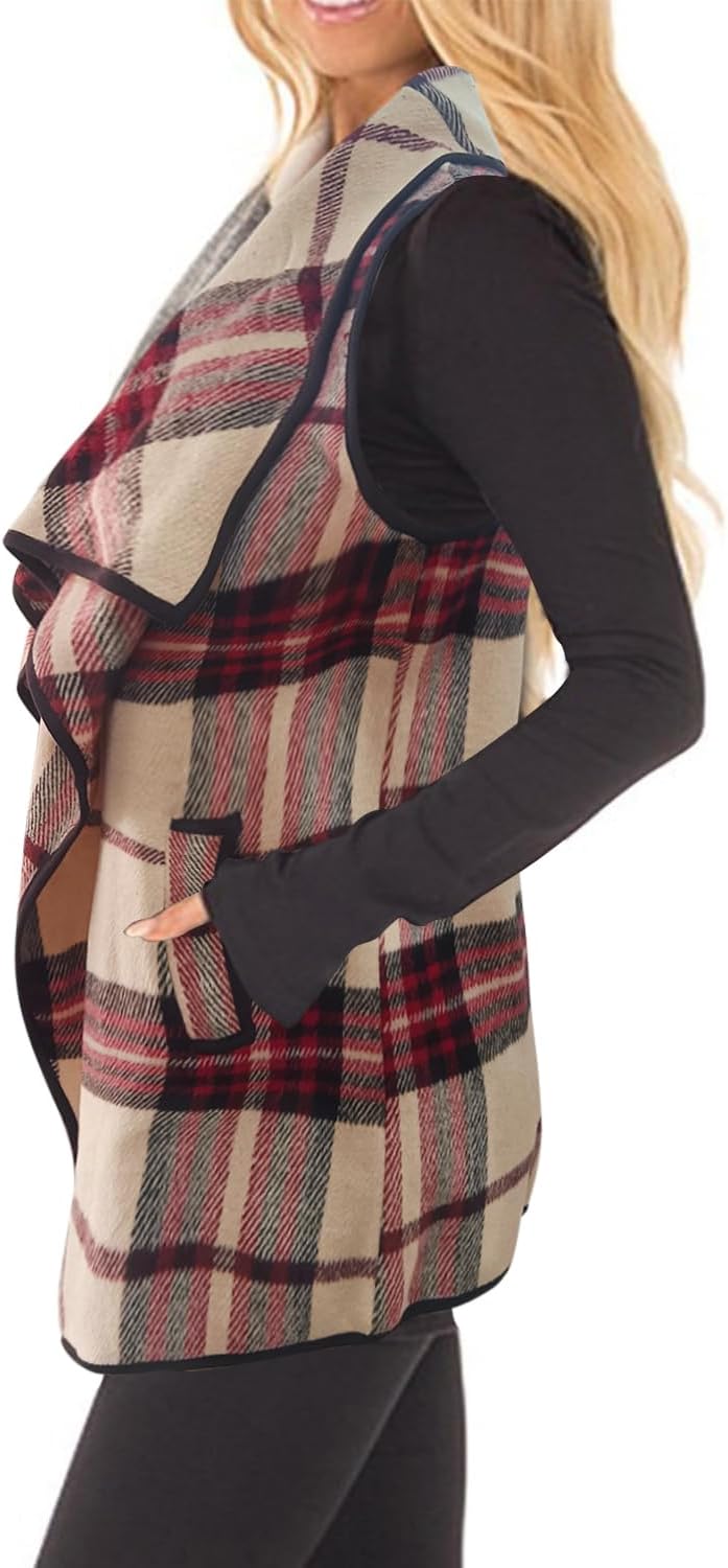 YACUN Women Plaid Vest Lapel Open Front Sleeveless Jacket Outerwear Cardigan with Pockets - Image 2