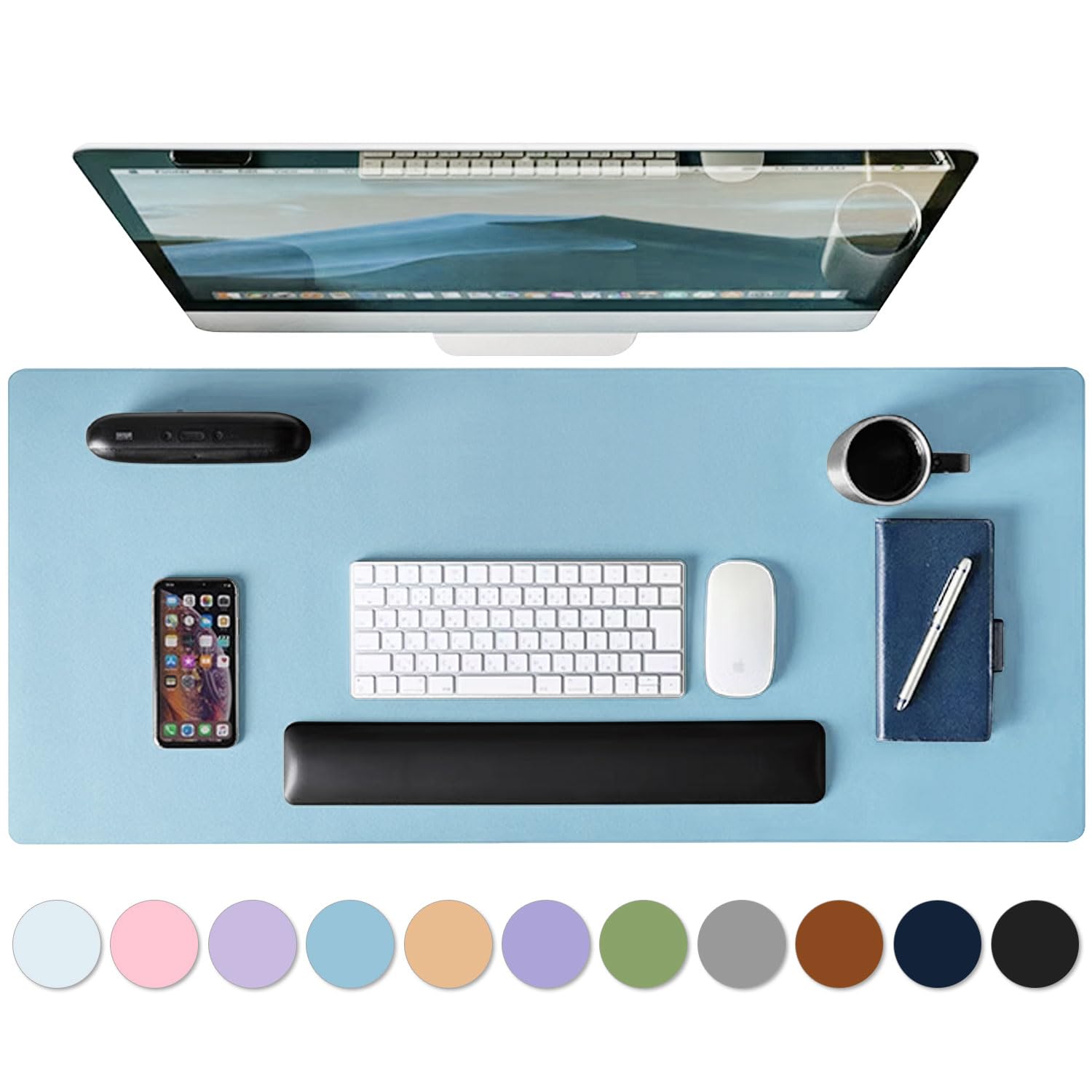 Mouse Pad Desk Protector Mat, Large PU Leather Office Desk Mat, Non-Slip Desk Pad for Keyboard and Mouse, Waterproof Desk Blotter Pad for Writing, Wide & Smooth Laptop Desk Pads, Sky Blue (17’’X36’’)
