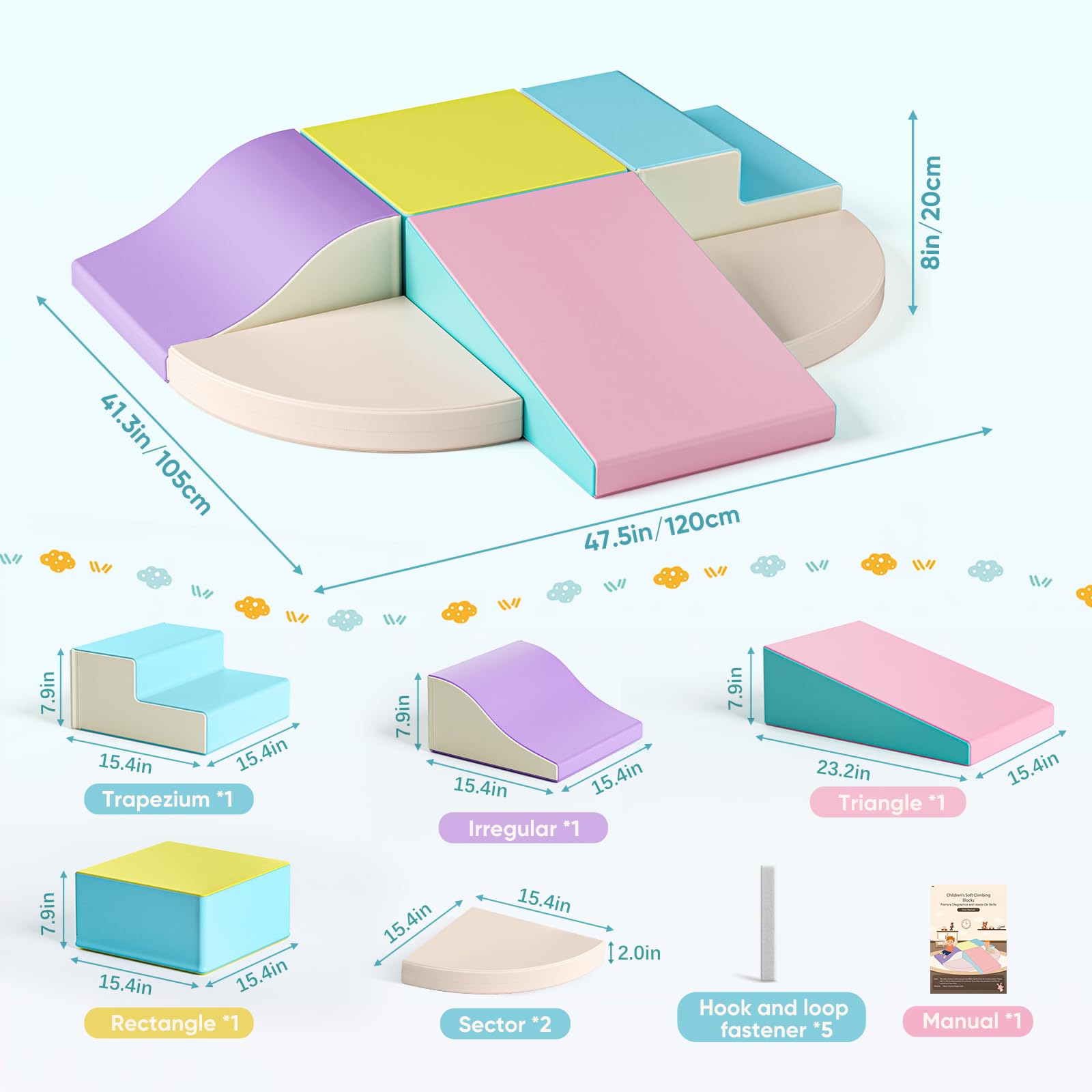 Parcours motricité bébé,6 Pièces Module Motricité Enfant Cuir PU Blocs Mousse Éducatifs - EPE Jouets Descalade Bébé Structure d'escalade Antidérapante (Macarons)
