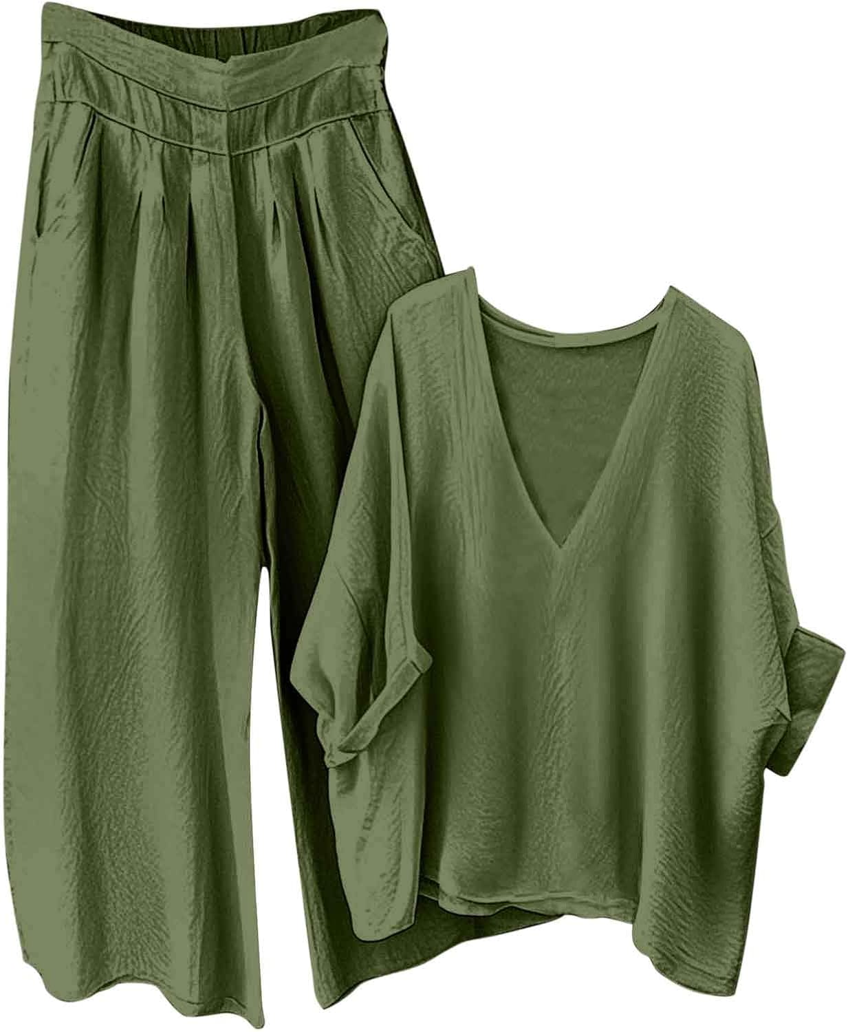 HGps8w Women's Summer 2 Piece Cotton Linen Sets Loose V Neck Batwing Tops Matching Wide Leg Pants Lounge Travel Outfits