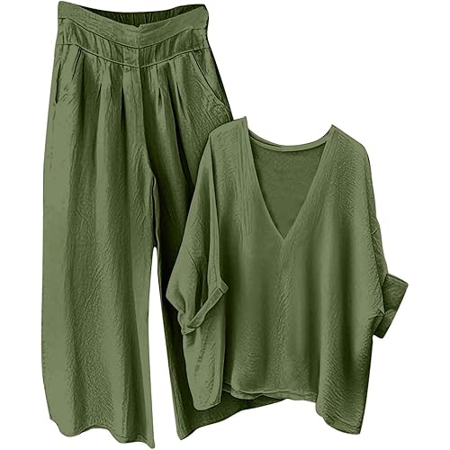 Sinzelimin Women Cotton Linen Outfits Solid V-Neck Long Sleeves Oversized Shirts Tops Loose Comfy Wide Leg Capri Pant 2PC Set