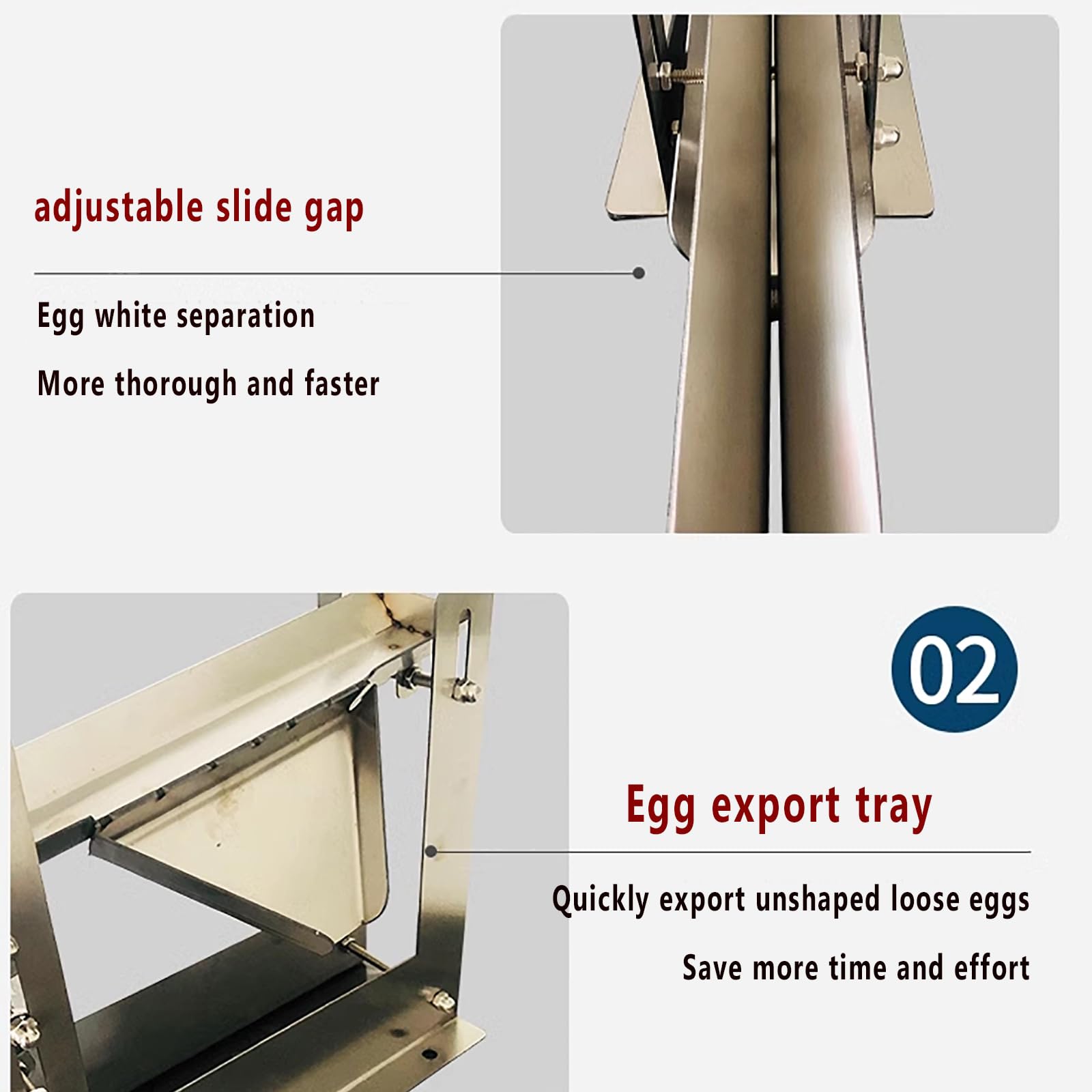Separador Huevos,filtro Yema Y Clara Huevo Acero Inoxidable 304 Con Bandeja Exportación Y Placa Guía Líquido Huevo,altura Ajustable Y Espacio Separación,salida 500-800 Piezas/H, 3S Fondo Rápido