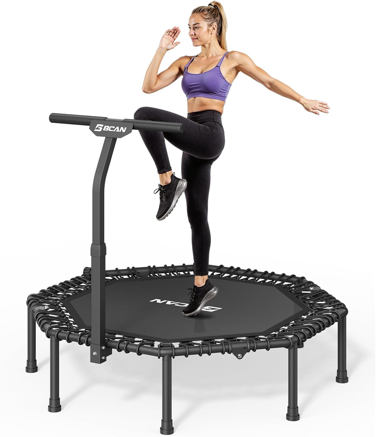 BCAN 51" Octagonal Mini Trampoline, Max Load 450 LBS Fitness Trampoline with T-Adjustable Handle Bar, Silent Bungees, Larger, More Stable, Quieter Exercise Rebounder for Adults Indoor/Garden Workout Black