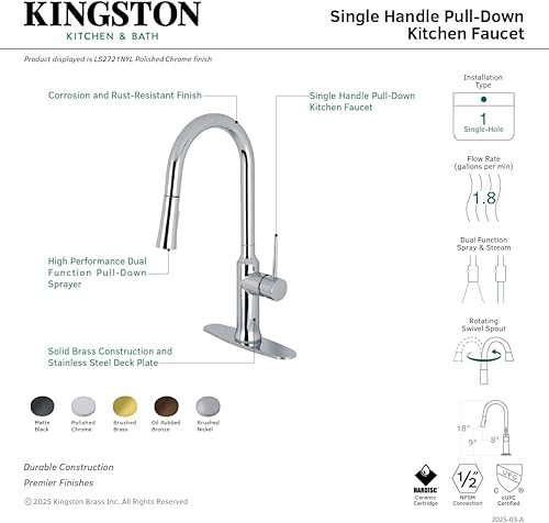Miniatura 8 de Gourmetier LS2728NYL - Grifo de cocina desplegable de un solo mango, níquel cepillado