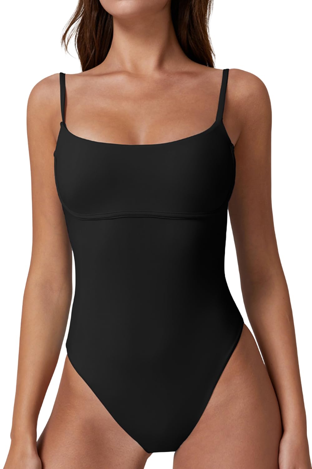 QINSEN Womens Seamed Cup Spaghetti Straps One Piece Bathing Suits Tummy Control Cheeky Swimsuit