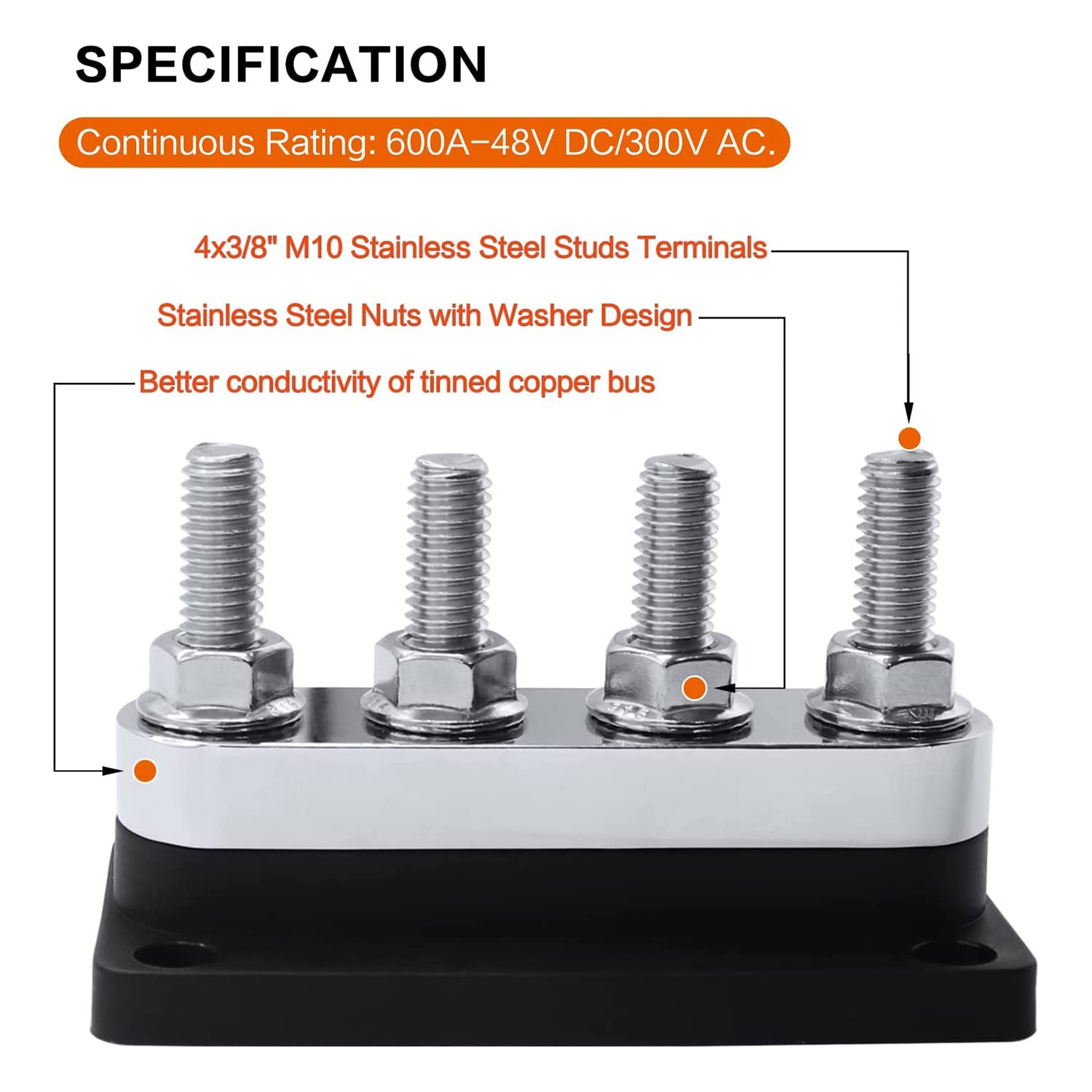 600A Bus Bar 4-Stud (3/8 Pouces) M10 High Current Copper Busbar Terminal Block Marine DC 12V 24V 48V avec Cover(Noir)