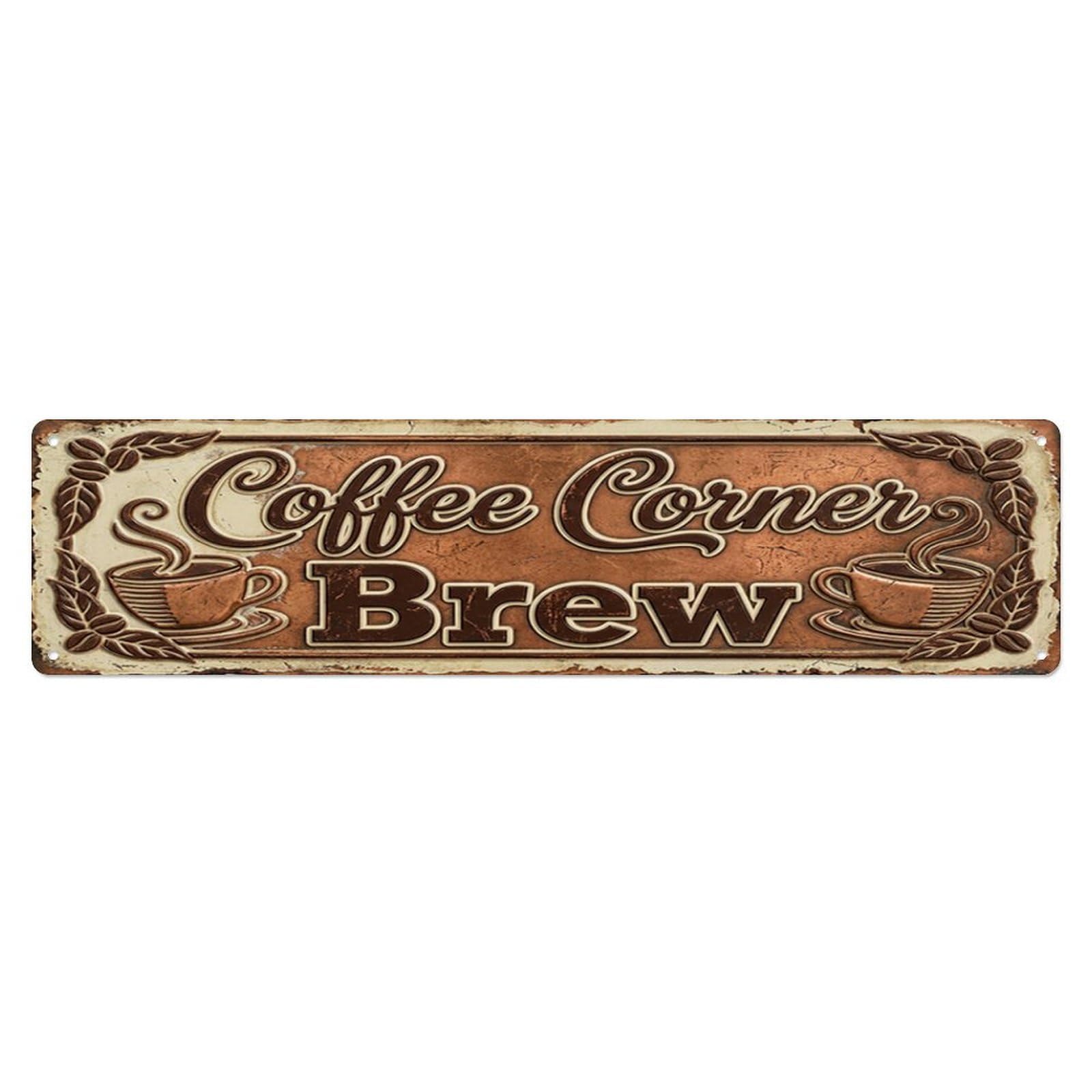 Coffee Corner Brew Cafe Metal Tin Skinny Sign Plaque Wall Decor for Cafe, Club Bar, Office, Home Garden Metal Poster 4x16Inch