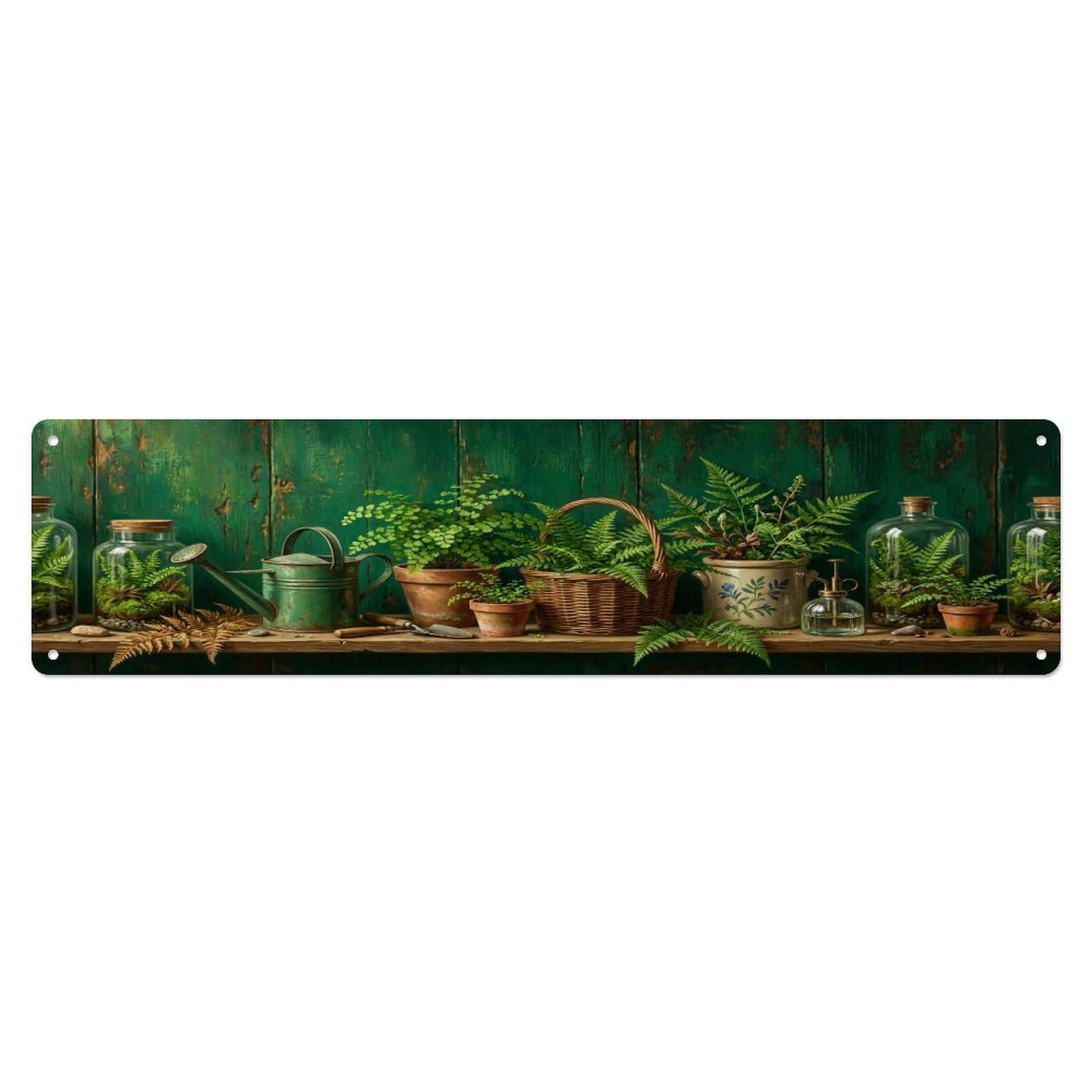 Floral Garden Tools Fern Terrarium Pattern Print Metal Tin Sign