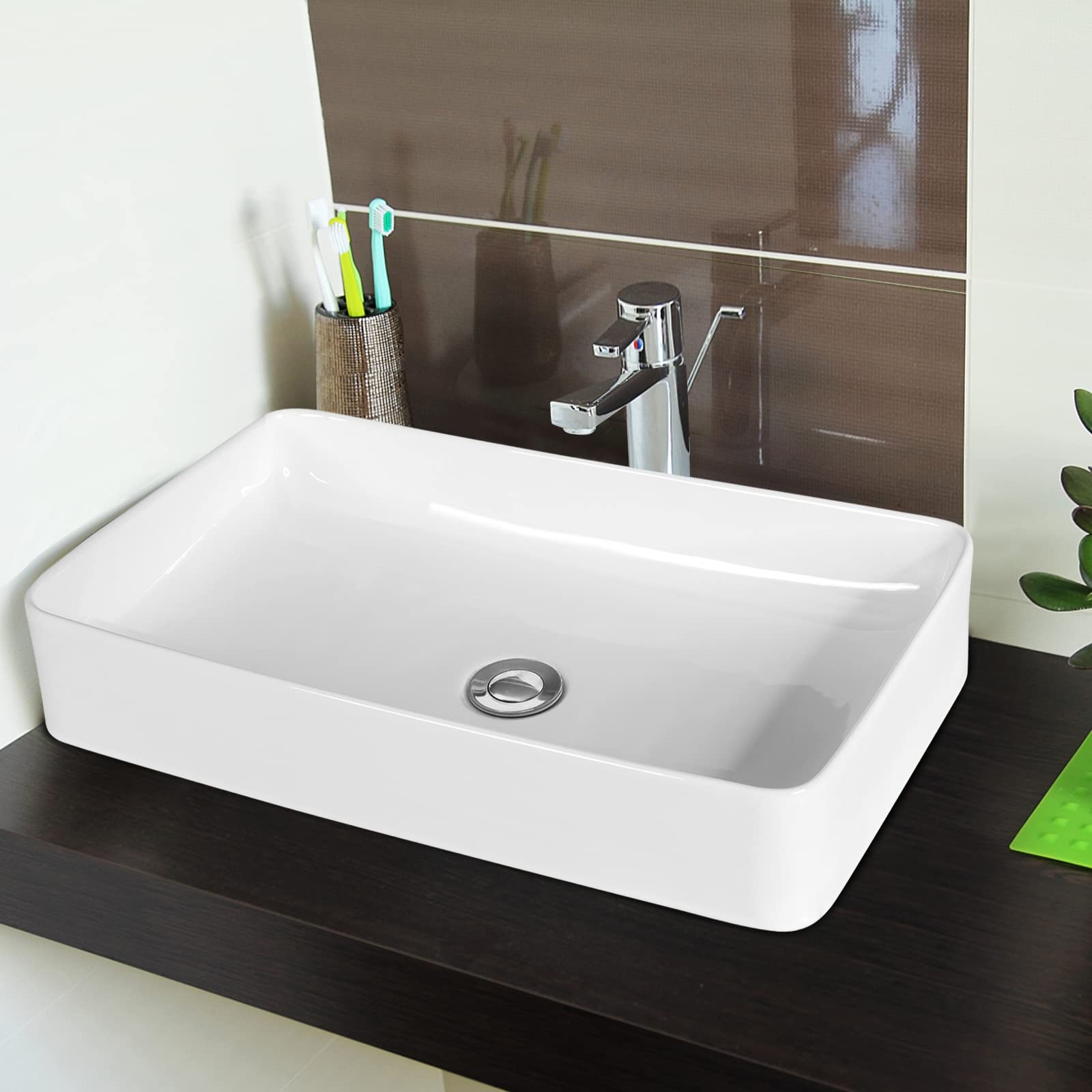 COSTWAY 60 x 35 cm umywalka ceramiczna biała, umywalka nablatowa z odpływem pop-up, prostokątna, umywalka ceramiczna, do domu i hotelu
