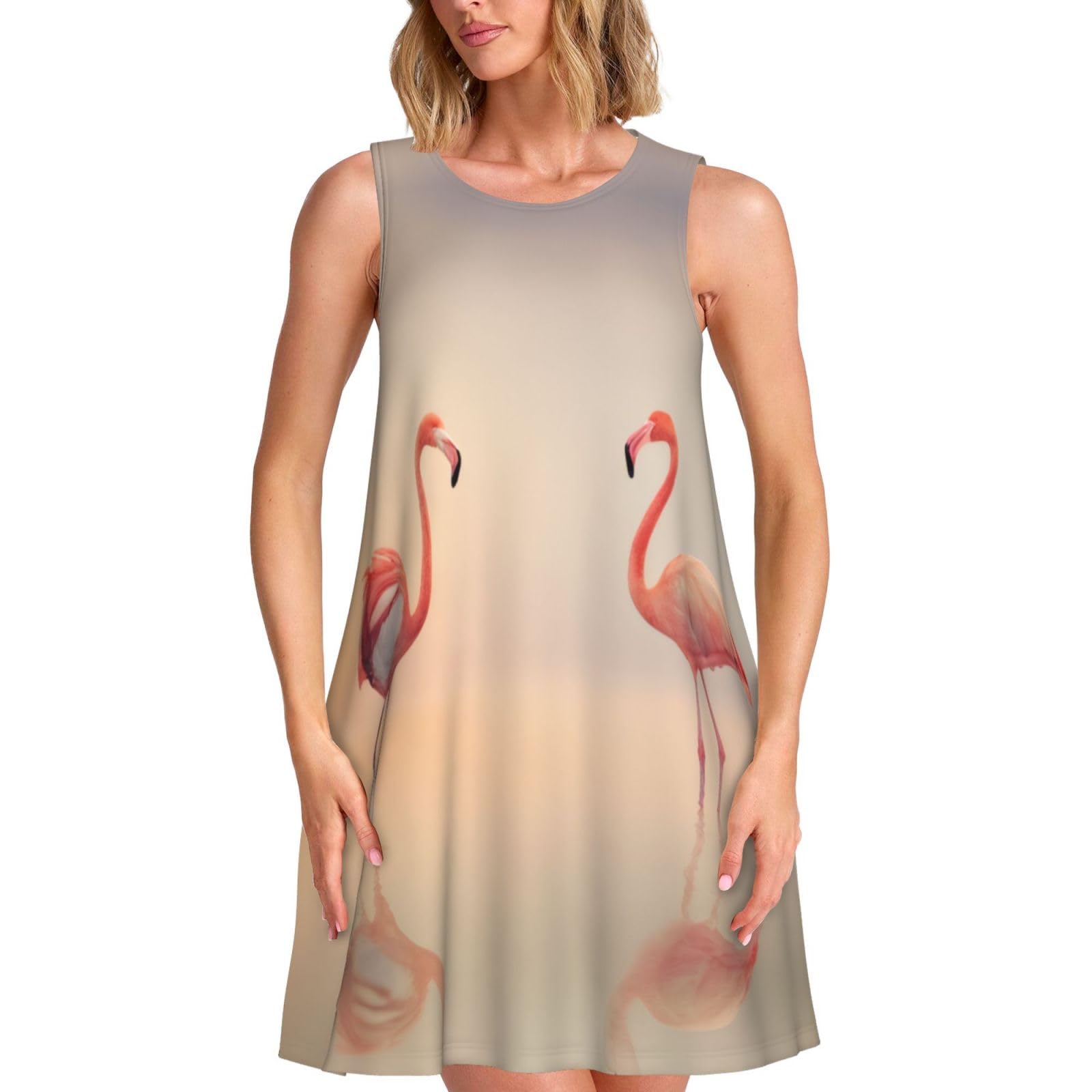 XKBFKLKMC Summer Dresses for Women Flamingo Print - Crew Neck Casual Sundress, Sleeveless Tank Dress with Pockets, Fashion Beach Dress