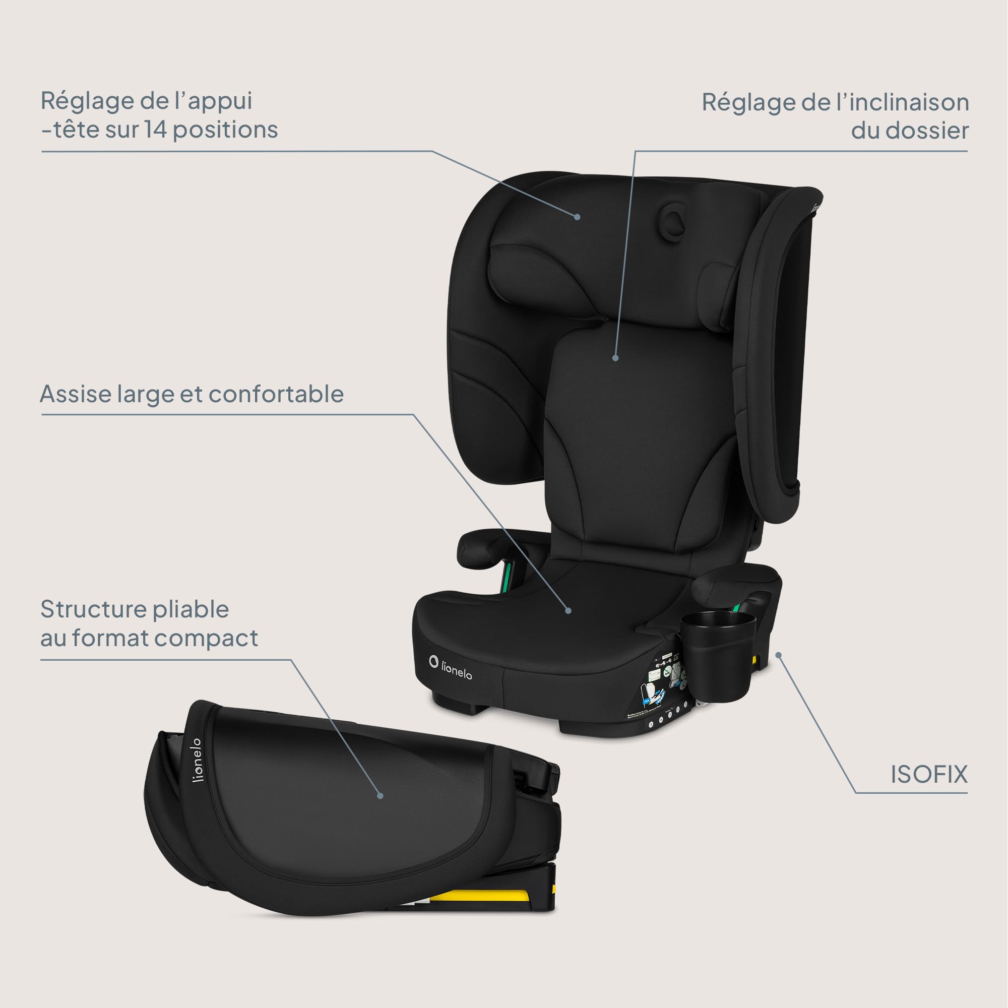 Lionelo Orin i-Size Siège-auto Pliable 100–150 cm, siege auto enfant compact pour 3,5–12 ans, Siège Auto de Voyage avec appui-tête 14 positions, installation ISOFIX ou ceinture (BLACK CARBON)