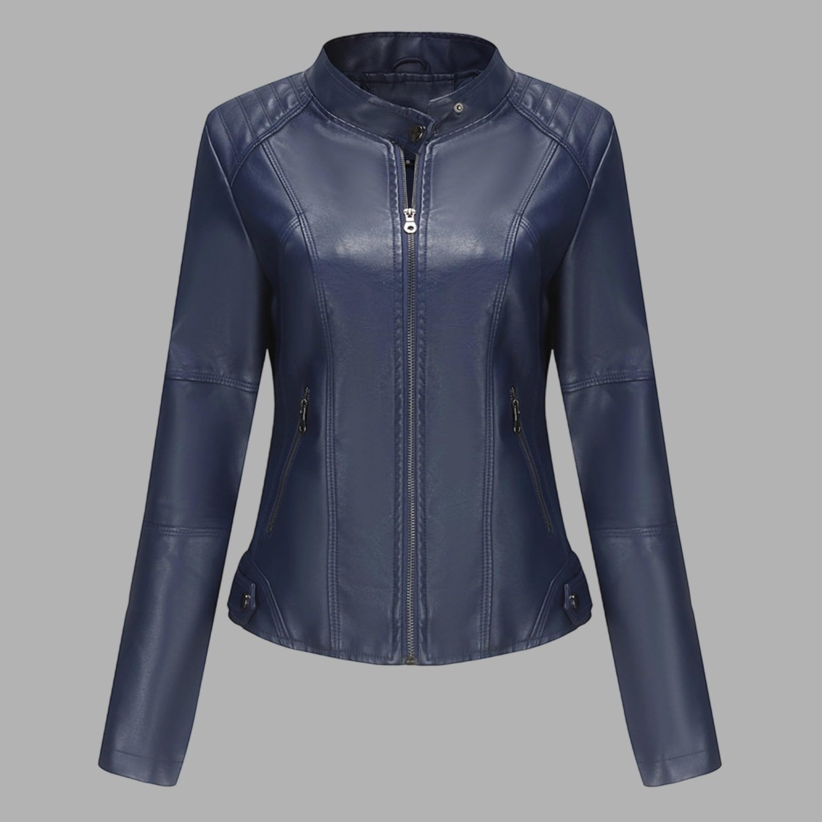 Generisch Veste en cuir pour femme - Grande taille - Col montant - Coupe cintrée - Manches longues - Fermeture éclair - Vêtement de tous les jours pour les excursions, les courses, les fêtes, les