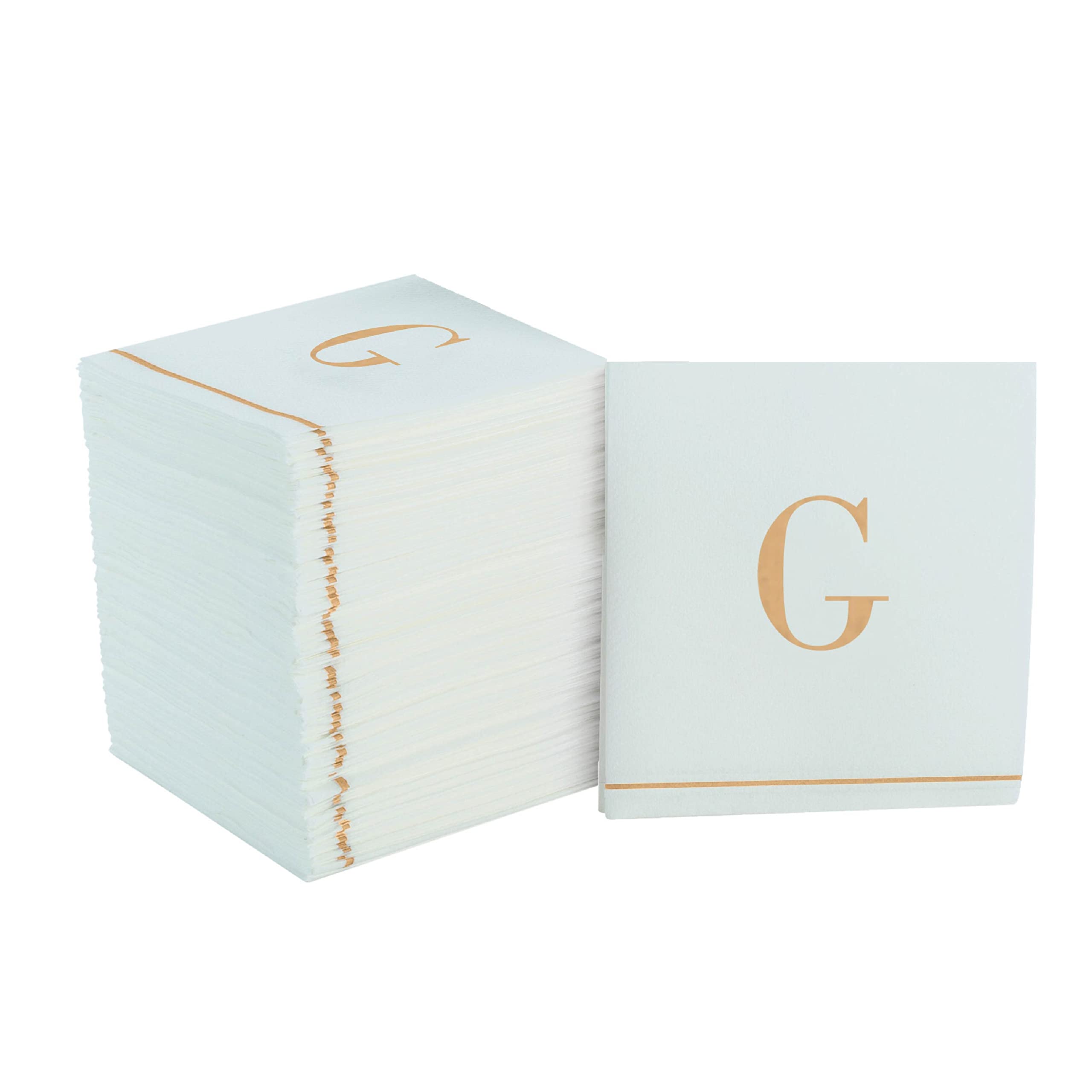 Luxe Party 112 Pack Monogram Cocktail Napkins, Letter G Initial, Disposable, Premium Airlaid, Linen Feel, Decorative, White and Gold