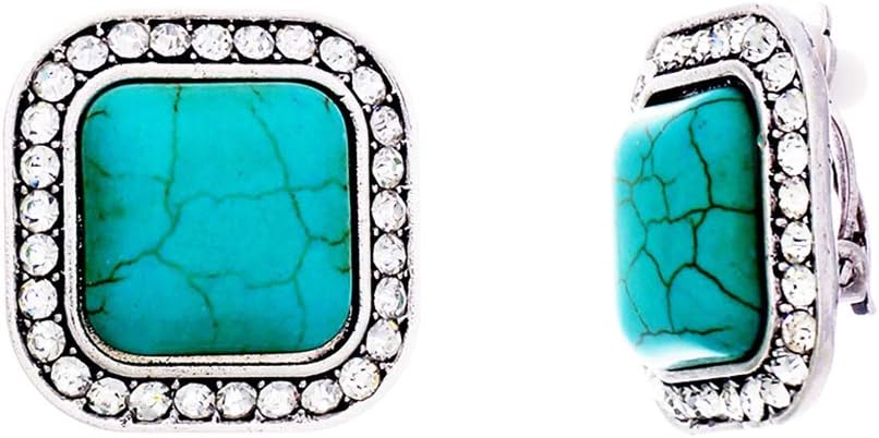 Rosemarie Collections Women's Western Chic Crystal Rhinestone Accented Square Turquoise Howlite Stone Clip On Earrings, 0.9"